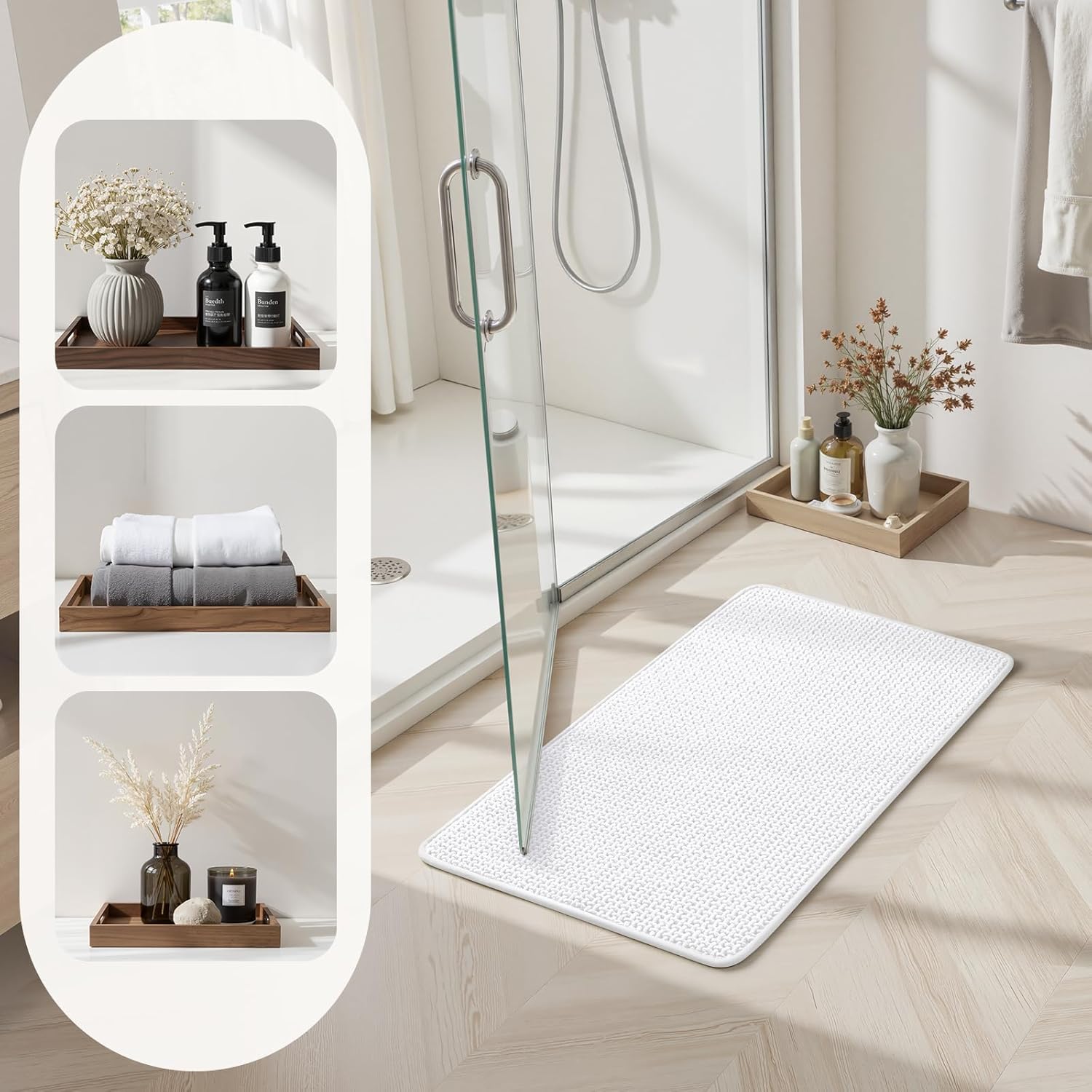 HOMEIDEAS Bathroom Rugs Set 2 Piece, Ultra Thin Non-Slip Bath Mats Rubber Backed, Chenille Absorbent Quick Dry Mats for Shower & Vanity, Low Profile Fits Under Door (White, 32"x20"+24"x17")