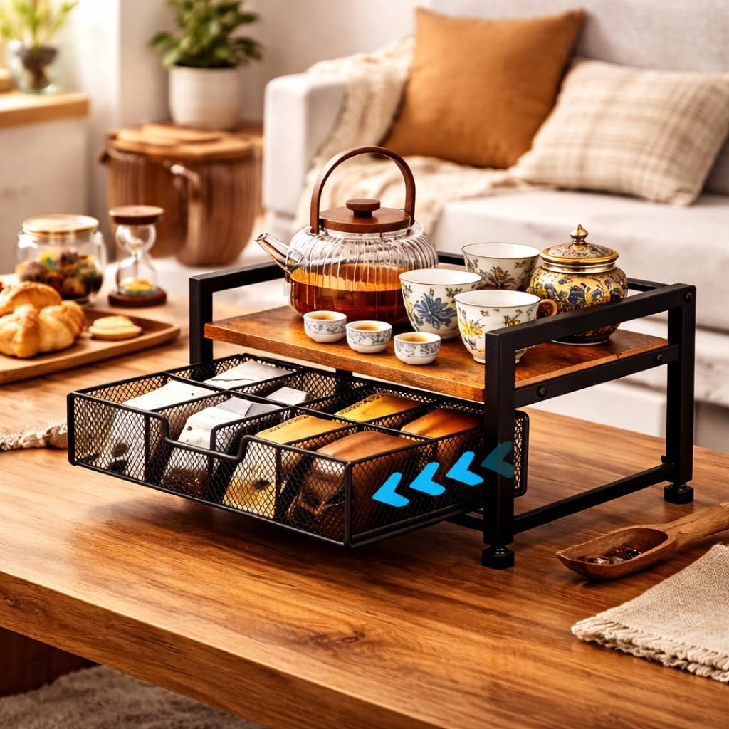 Tea Bag Organizer for Countertop with Pull-Out Drawer, 8 Compartment Wood and Metal Tea Station for Tea Bags, Coffee Pods, Sugar Packets, Rustic Brown
