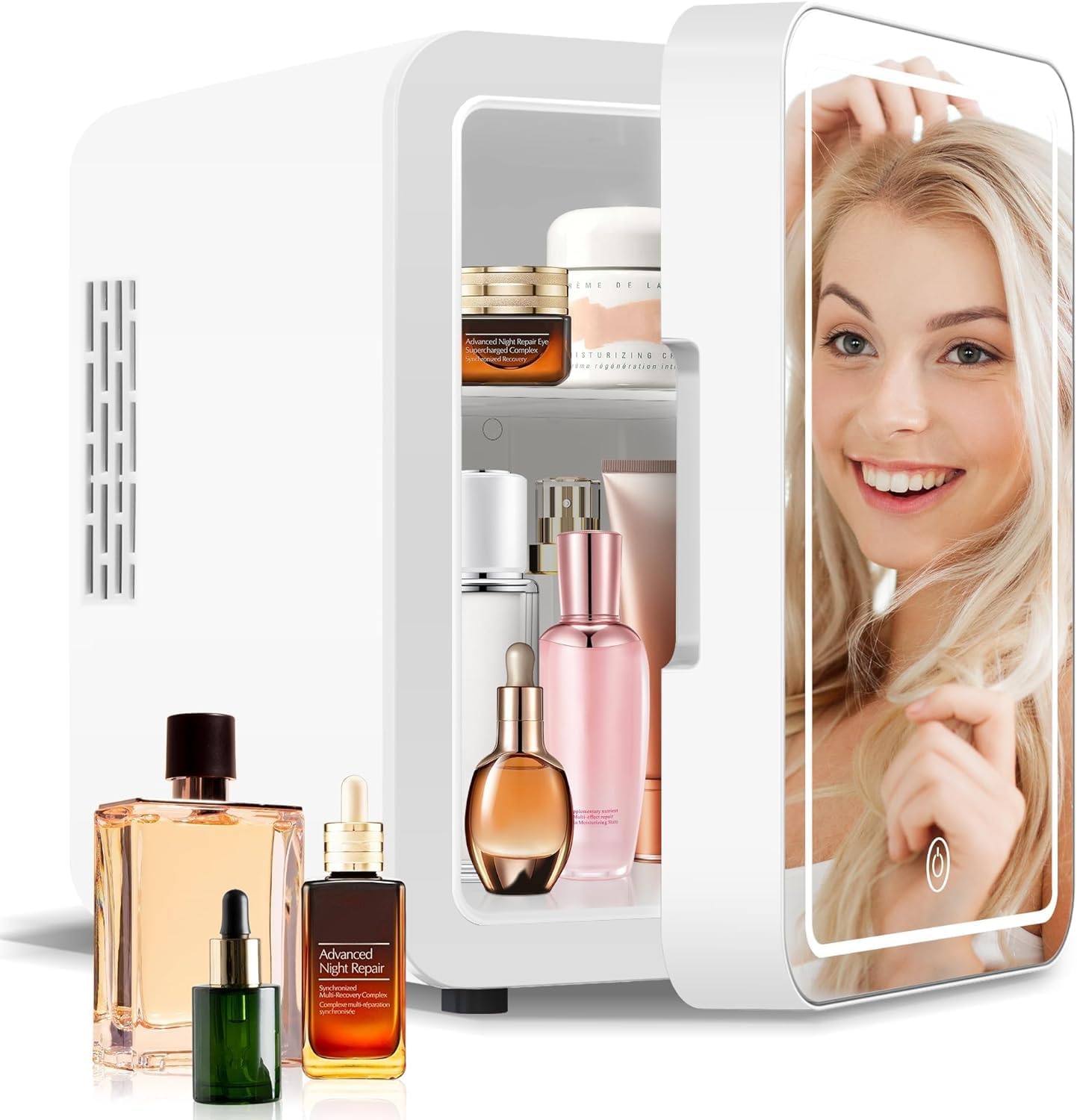 Lispin Mini Fridge for Bedroom, 4L Skincare Fridge with Dimmable LED Light Mirror for Dorm & Office, Portable Cooler & Warmer Small Compact Refrigerator for Skincare (White-4L（cold and warm）)