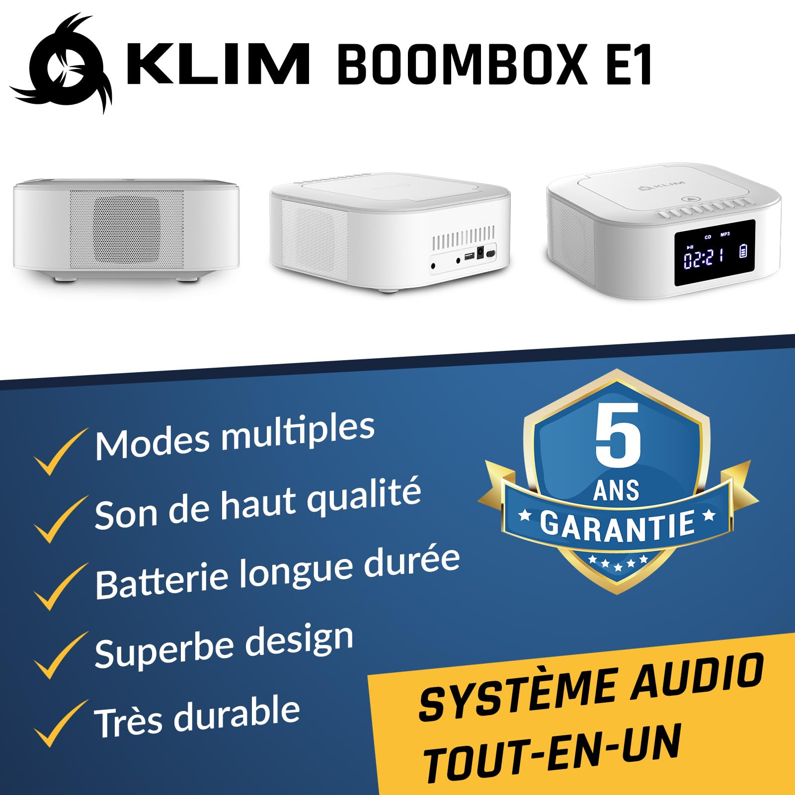 KLIM Boombox E1 - Poste Radio CD Portable - Extra Bass avec Subwoofer - Radio FM, CD, Bluetooth, USB, Bluetooth, MP3 - Mode Filaire et sans Fil avec Piles Rechargeables - Télécommande - Blanc