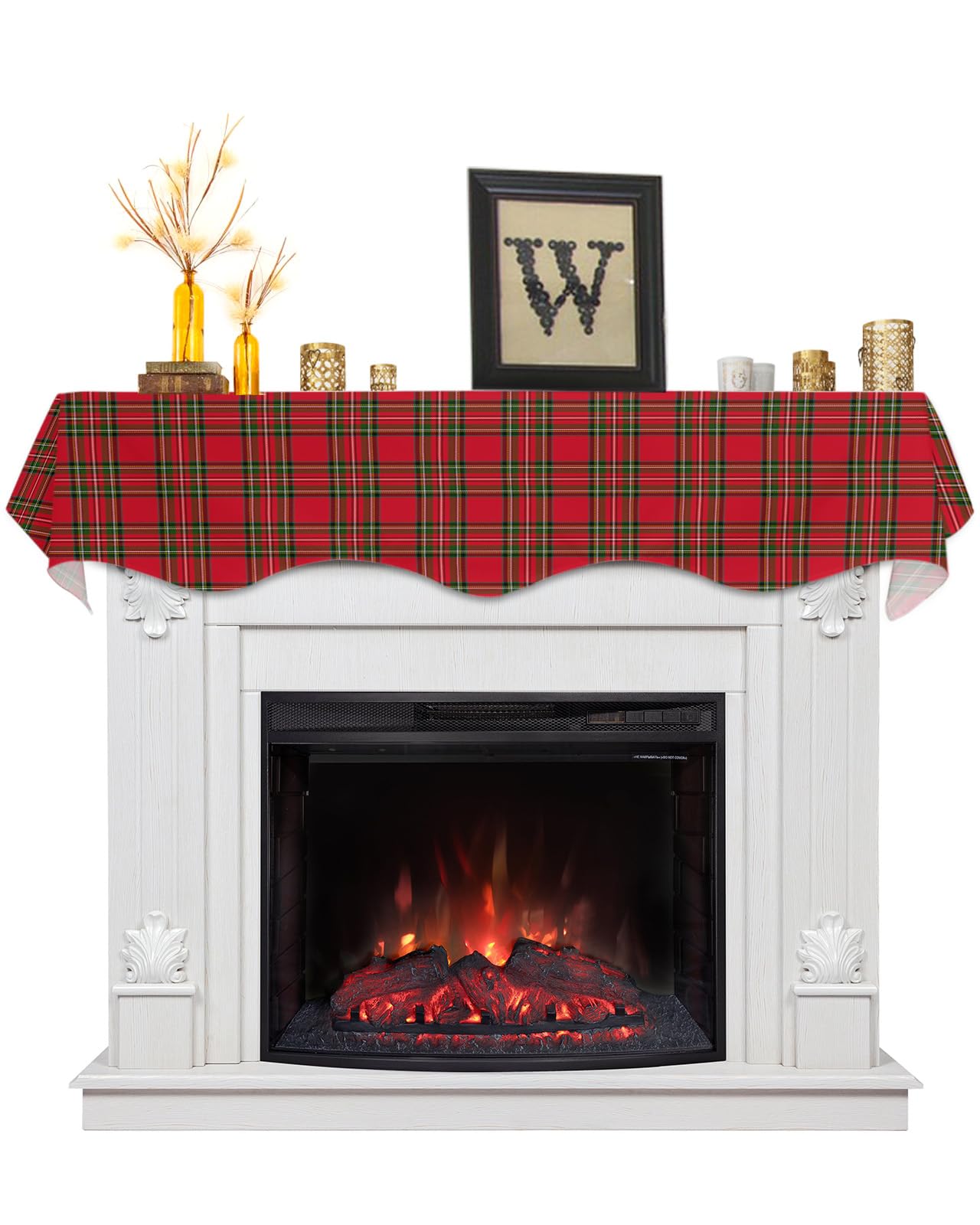 Red Green Checkered Mantel Scarf Fireplace Decorations for Living Room, Christmas Red and Green Plaid Fireplace Mantel Scarf Cover Runner for