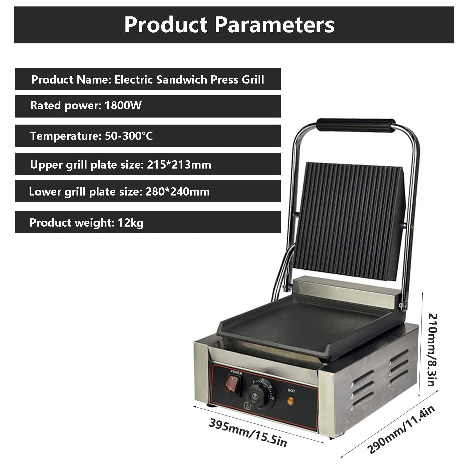 Pojedynczy elektryczny grill do kanapek, 50-300°C, regulowany opiekacz do kanapek i prasy do chleba, elektryczna płyta grillowa do grillowanego mięsa, burgerów, warzyw, stali nierdzewnej, Whol