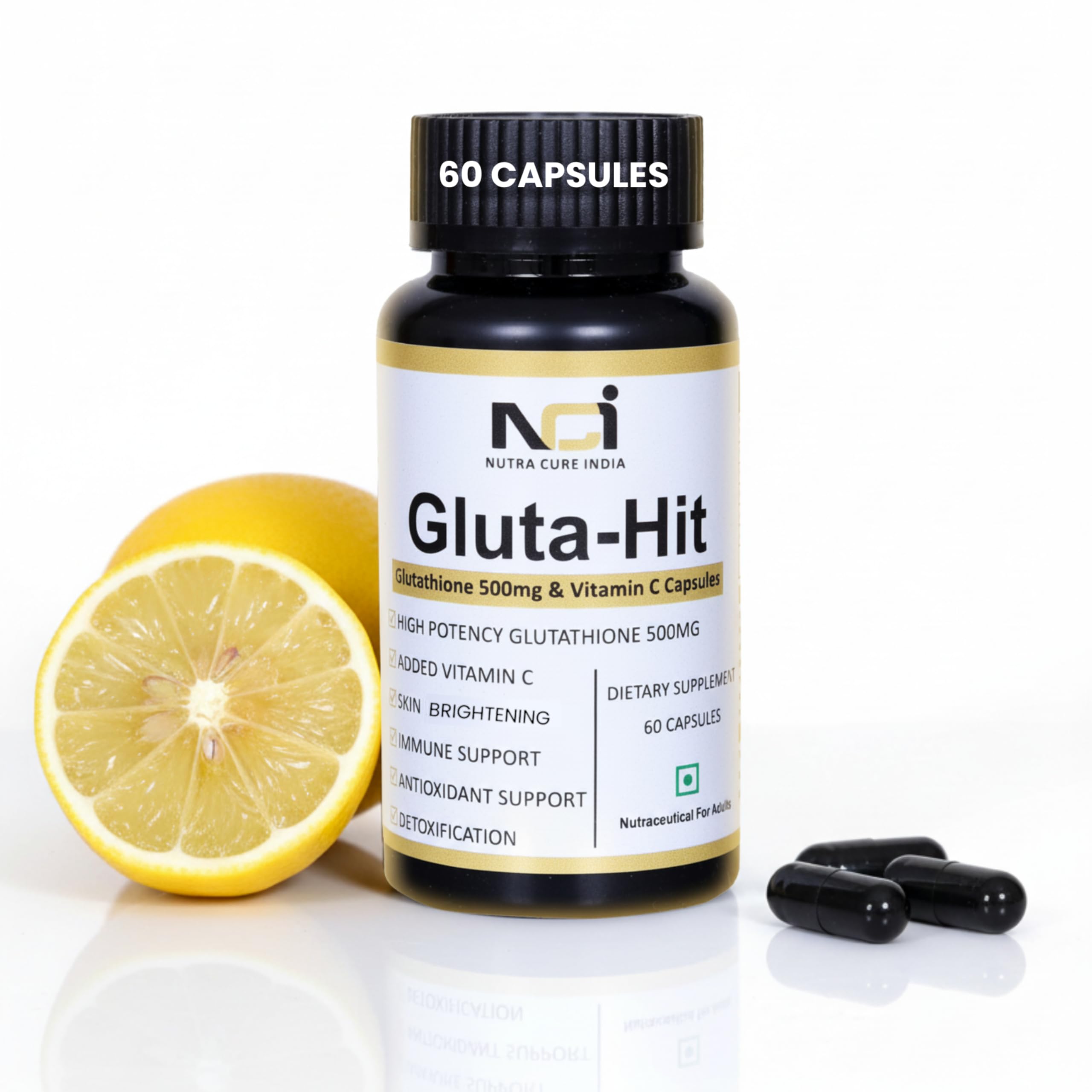 glutathione india NCI Gluta-Hit Glutathione 500mg with Vitamin C Capsules, Skin Brightening,  Immune Support, Antioxidant, Detoxification, 60 Capsules : Amazon.in: