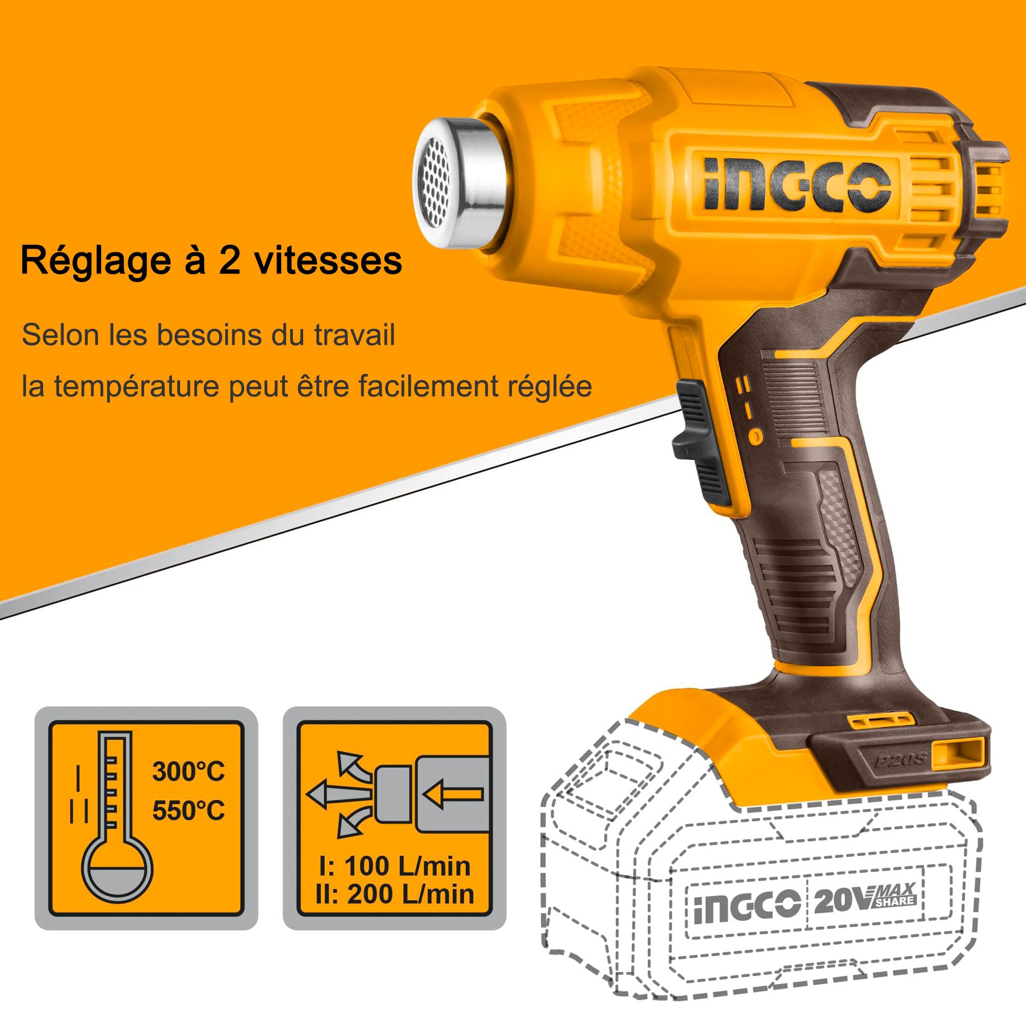 INGCO Pistolet à Air Chaud sans Fil 20V Contrôle de Température Variable, 300/550 °C, Decapeur Thermique Portable avec Batterie 4,0 Ah, Chargeur, 3 Buses, pour Travaux Manuels HGLI20025