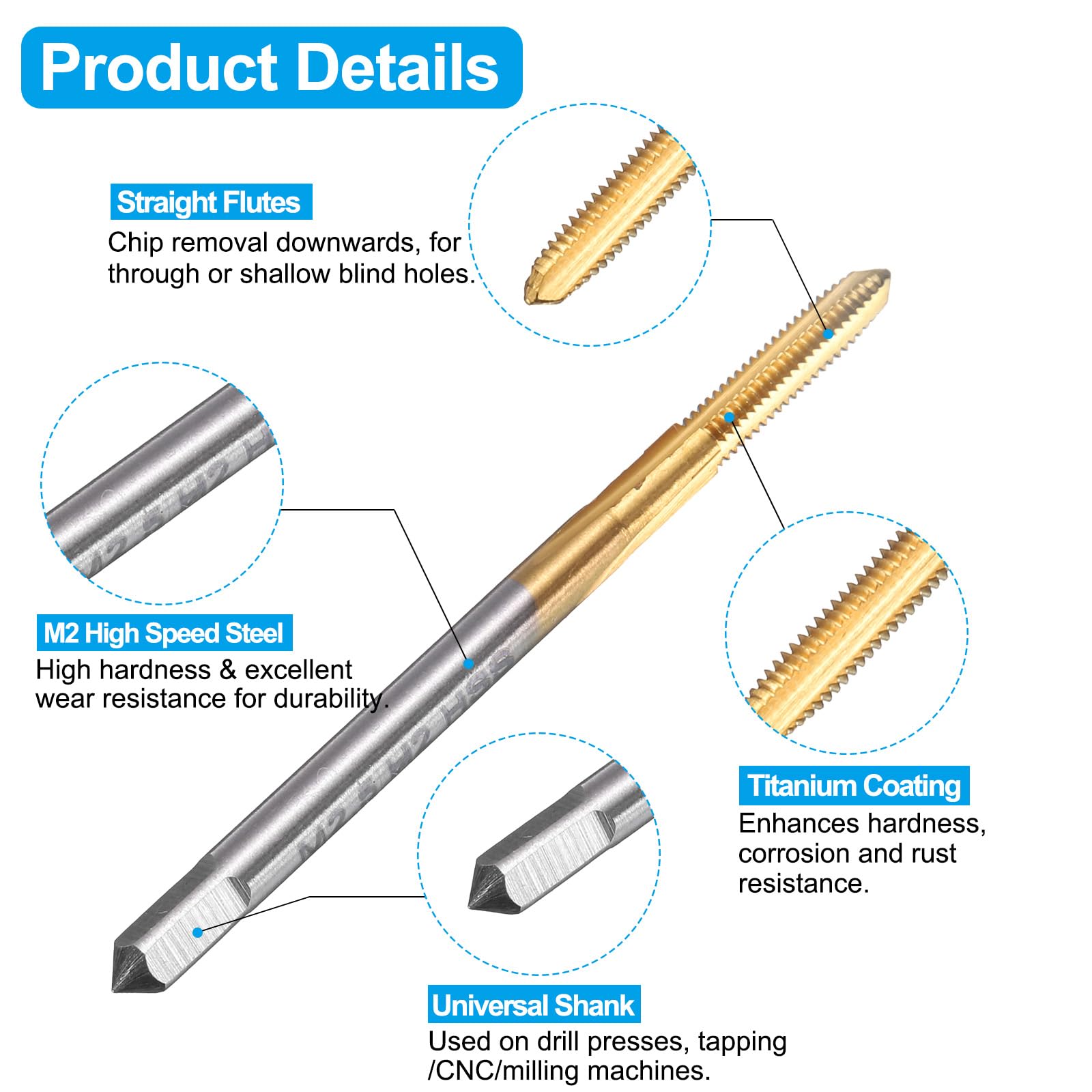 Set di maschi e punte da trapano, 1 maschio per filettatura metrica a scanalatura dritta M2,5 x 0,45 e 1 punta elicoidale da 2,1 mm, kit di utensili per filettatura HSS-6542 rivestiti in titanio