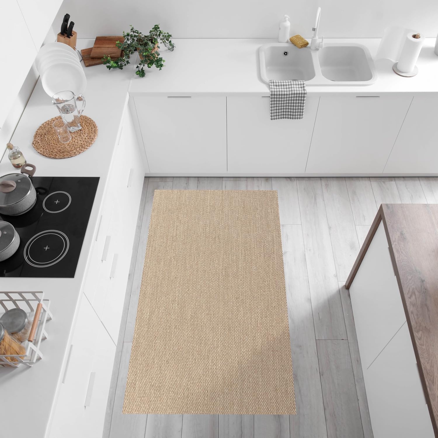 STORESDECO Alfombra Vinílica Cocina de Tejido Trenzado Premium de Alta Gama. Lavable Antideslizante Antimanchas y extraplana. Alfombras Resistentes Máxima Calidad Color Beige 60x90 cm