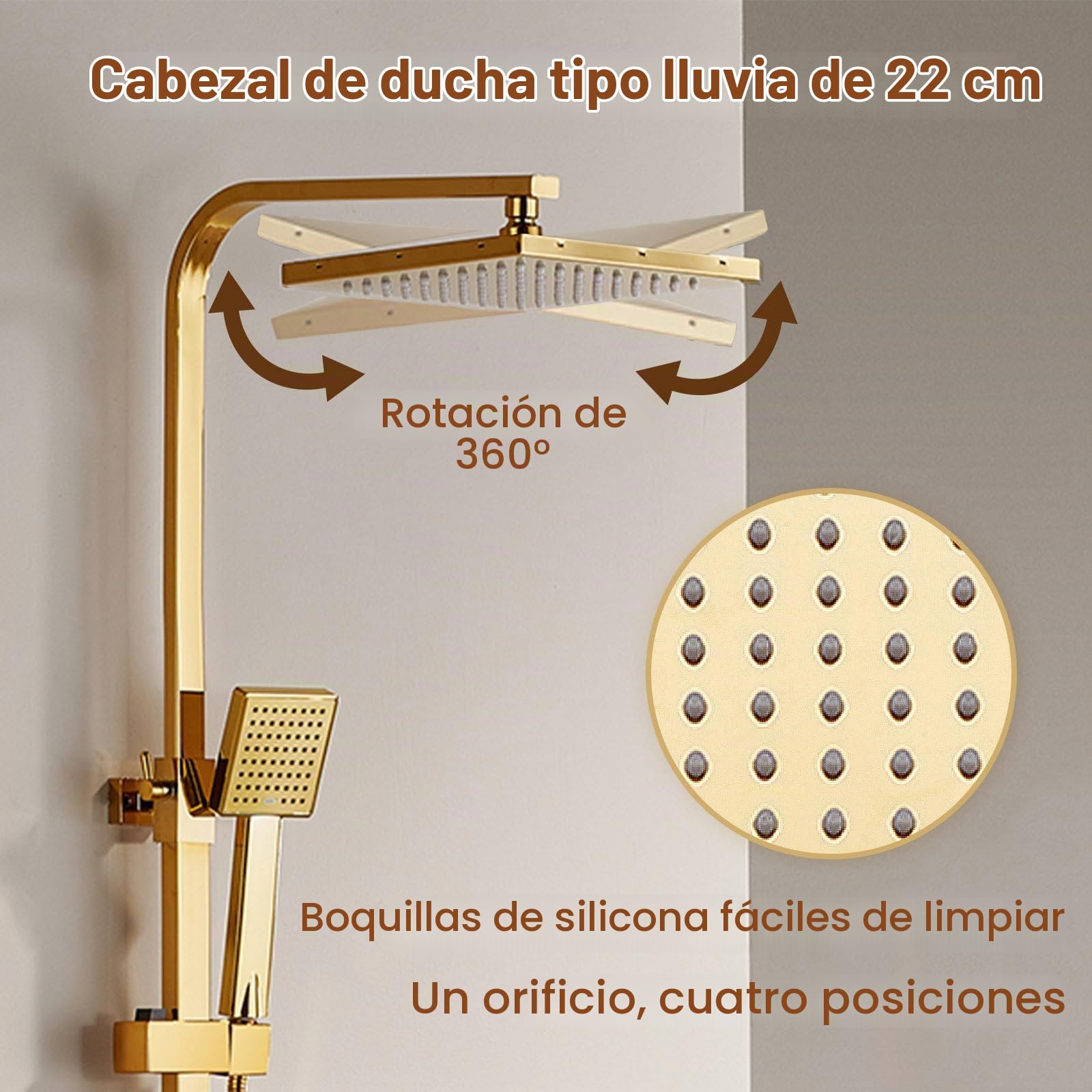 Columna Ducha, Columna de Ducha Oro Cepillado 4 in 1,Sistema de Ducha Latón | Conjunto de Ducha con Ducha de Techo de 225mm, Ducha de Mano, Grifo de Bañera y Ducha Higienica, Altura y Ángulo Ajustables