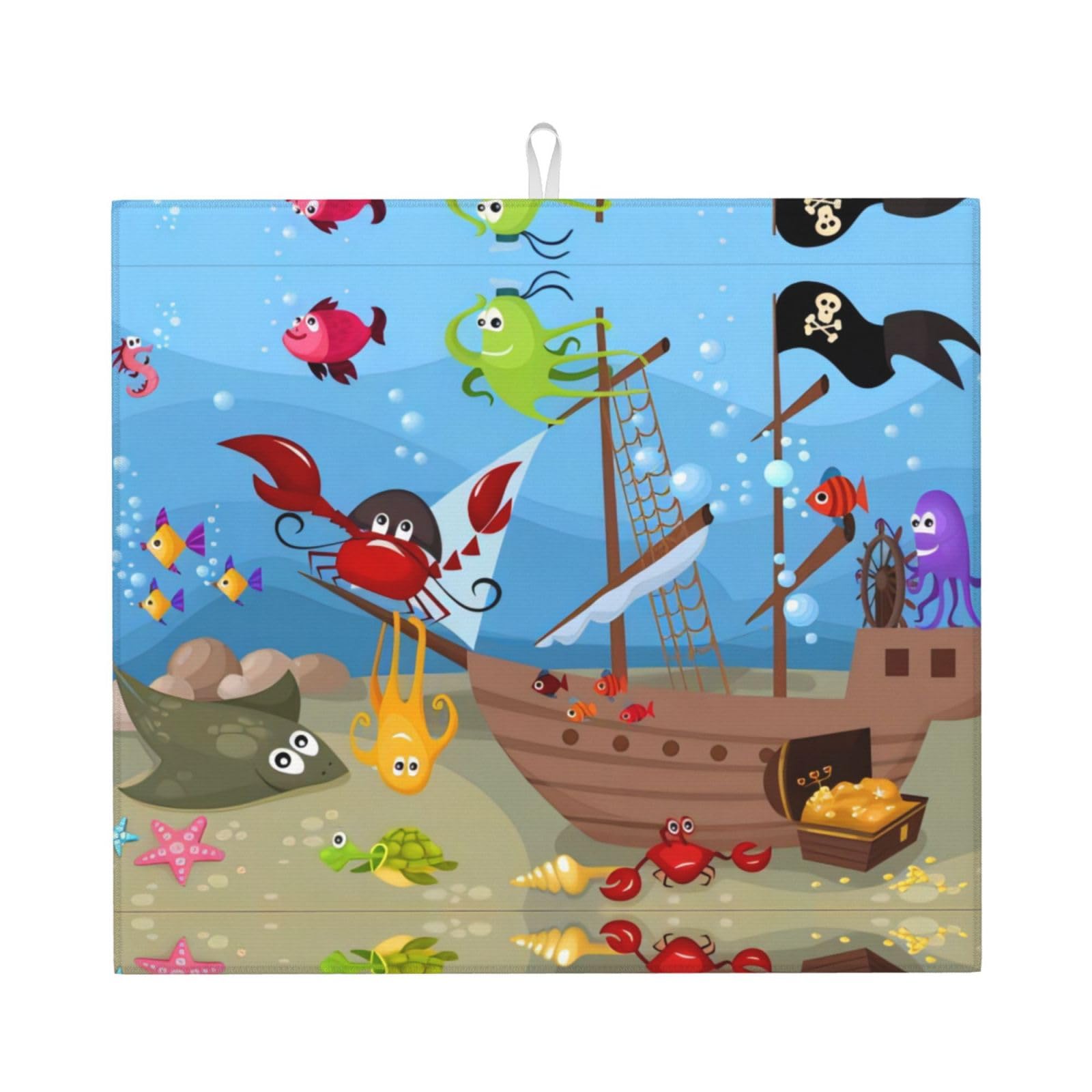 WHJDPP Ocean Underwater Fish Prints Kitchen Drying Mat - Absorbent Dish Drying Throw with Colorful Prints, Quick-Dry Countertop Layer for Dishes & Appliances - Non-Slip & Foldable