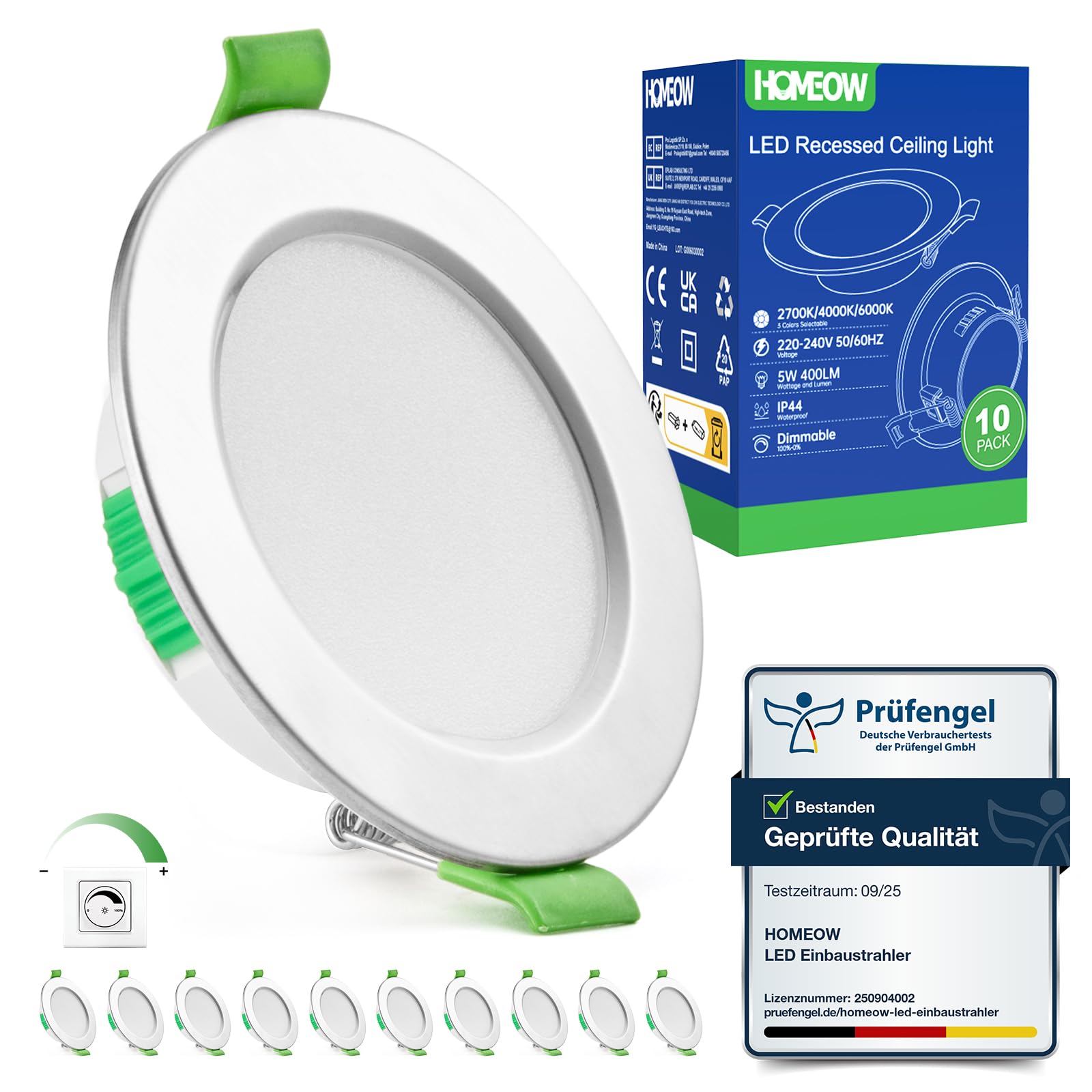 HOMEOW LED Einbaustrahler 230V Dimmbar, Led Spots 68mm - 80mm Lochmaß, IP44 Einbaustrahler LED 5W 400LM Warmweiß Neutralweiß Kaltweiß, 24mm Ultra Flach Deckenspots für Badezimmer Küche