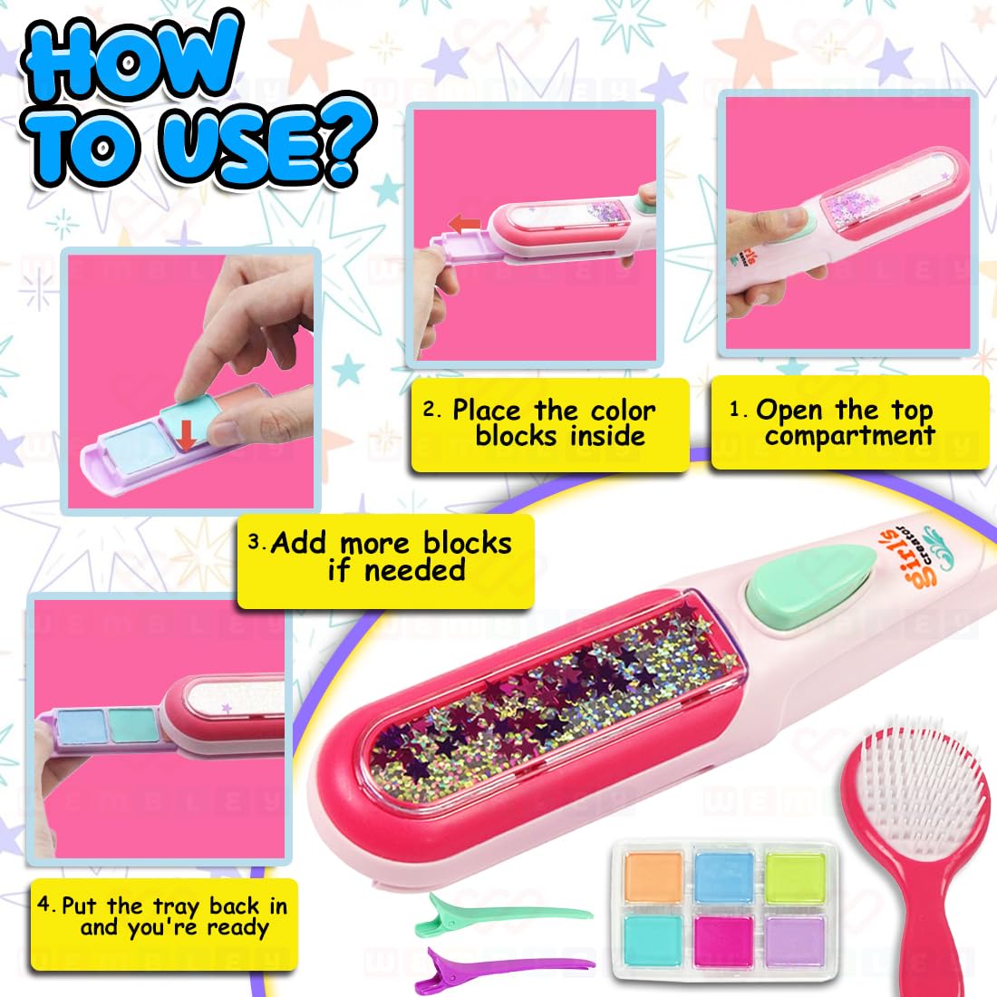 Wembley Hair Dyeing Salon Kit for Kids Teens Pretend Play Toy Hair Strands Color with Hair Dye Machine 6 Color Blocks & Accessories Hairstyling Fun Set Non-Toxic Safe for Kids 1