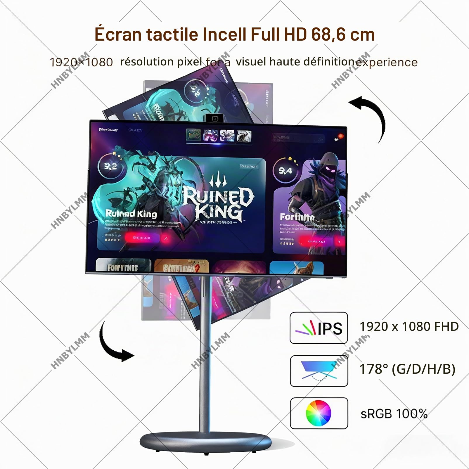 Téléviseur Portable 27", écran Tactile HD 1080p sur roulettes, Tablette TV sur Pied avec Android 15, 6 Go + 128 Go, Wi-FI 2,4/5 GHz, Bluetooth 5.0, pour la Maison, Les Camping-Cars Grey