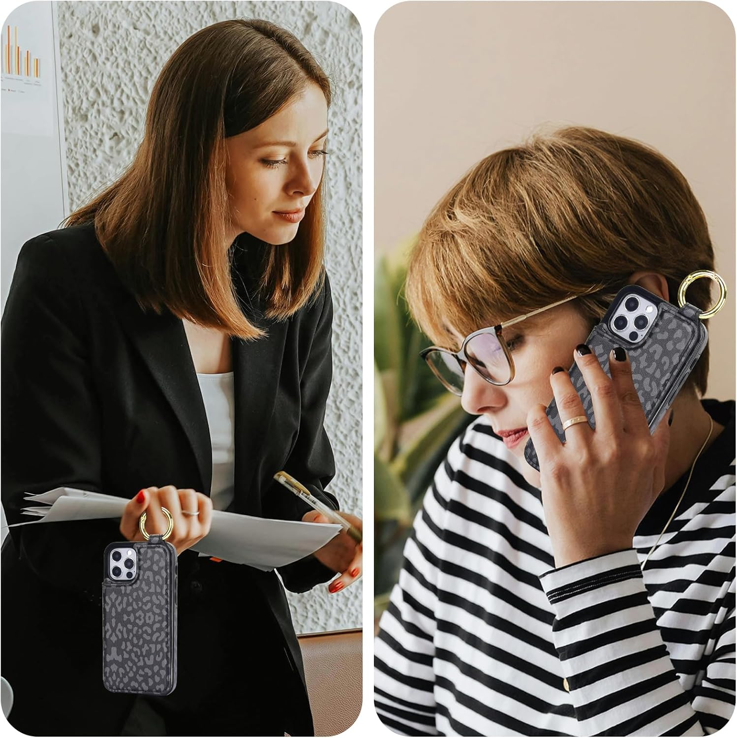 HAOPINSH for iPhone 12/12 pro Wallet Case with Card Holder, Black Leopard Cheetah Print Back Flip Folio PU Leather Kickstand Card Slots Case, Finger Grip Ring Double Magnetic Clasp Shockproof 6.1"