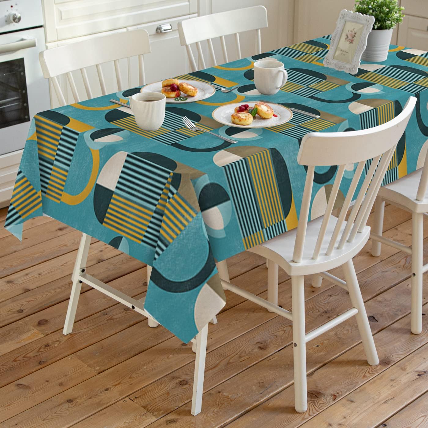 Rectangle Modern Turquoise Tablecloth Waterproof & Stainproof Tablecloths, Abstract Teal Orange Geometric Wipeable Table Cloth Wrinkle-Free for Round/Rectangle/Oval/Square/Dining/Party/Wedding, 54x108