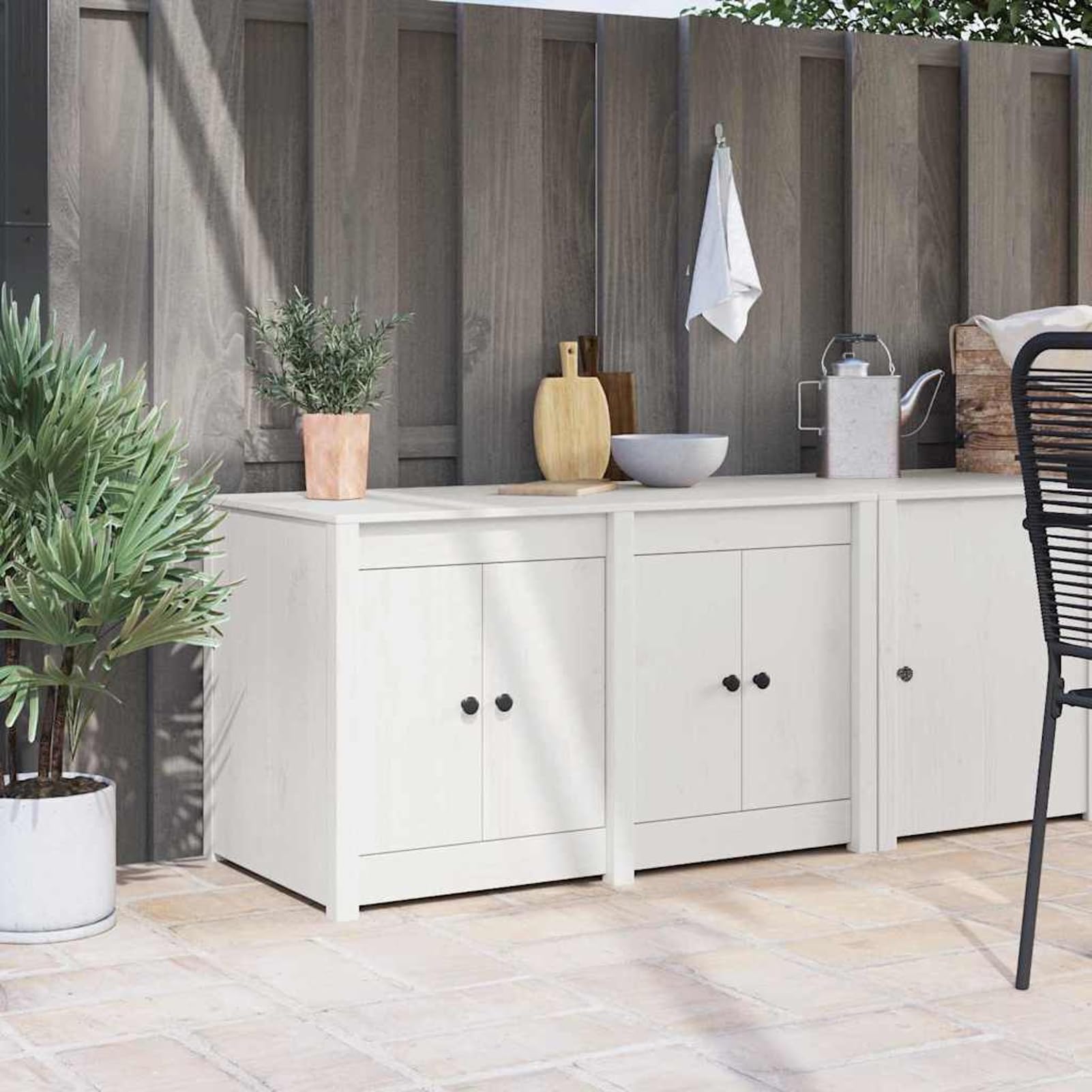 Mobile da cucina con scaffale, bianco, 106 x 55 x 64 cm, in pino massiccio, 4 ante e 4 ripiani a pavimento, adatto per interni