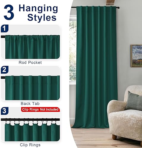 Miniatura 4 de Hiasan Cortina opaca verde esmeralda para ventana pequeña, 52 x 63 pulgadas de largo, bolsillo para barra y pestaña trasera, aislamiento térmico y