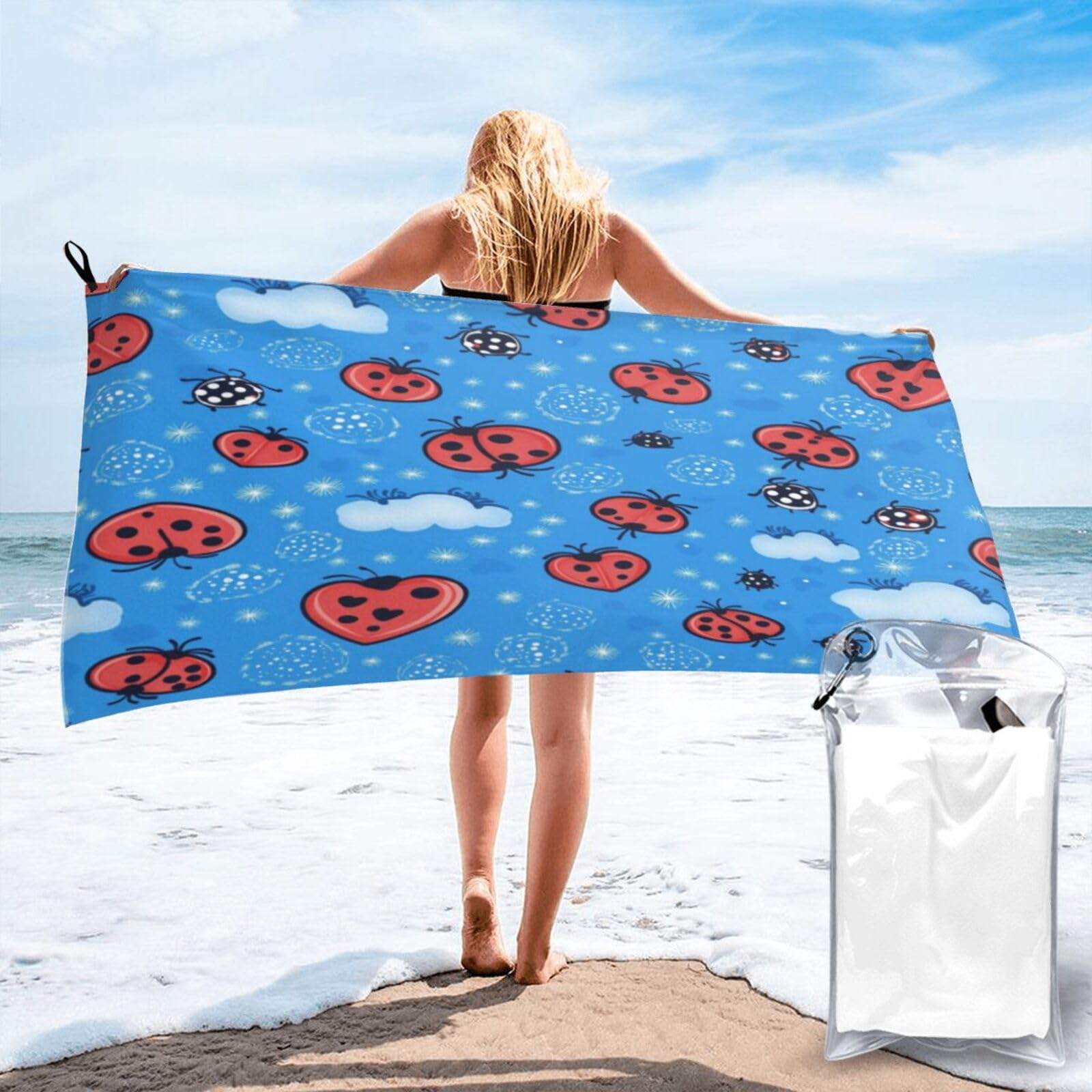 Anceky Whimsical Ladybug Pattern On Blue Quick Dry Microfiber Travel Towel with Carry Case and Carabiner 27.5"X55"