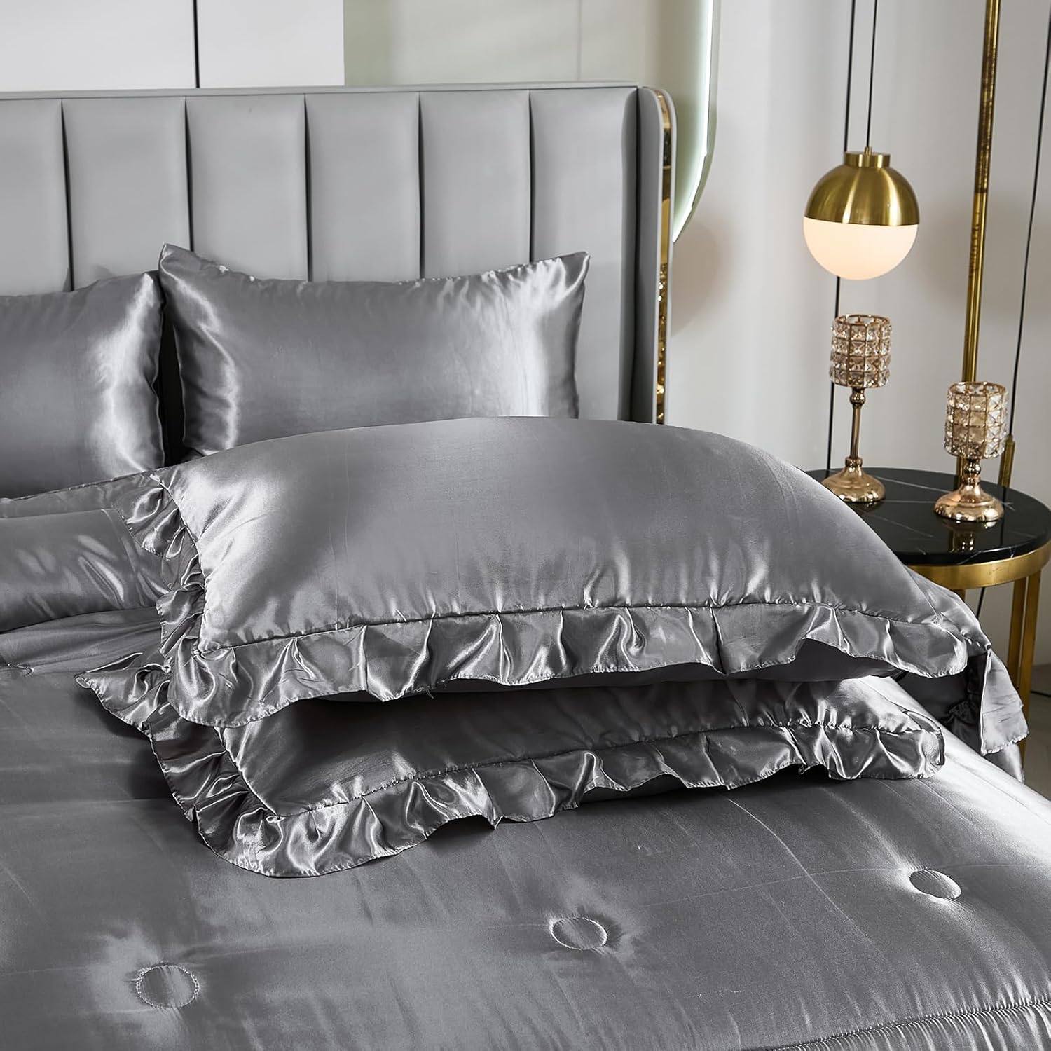 Grey Satin Comforter Set with Sheets,Silk Like Satin Ruffle Bed Duvet Set,Silky Luxury Bed in a Bag King Bedding Set 8 Pcs,1 Comforter,4 Pillowcases,1 Flat Sheet,1 Fitted Sheet,1 Cushion Cover