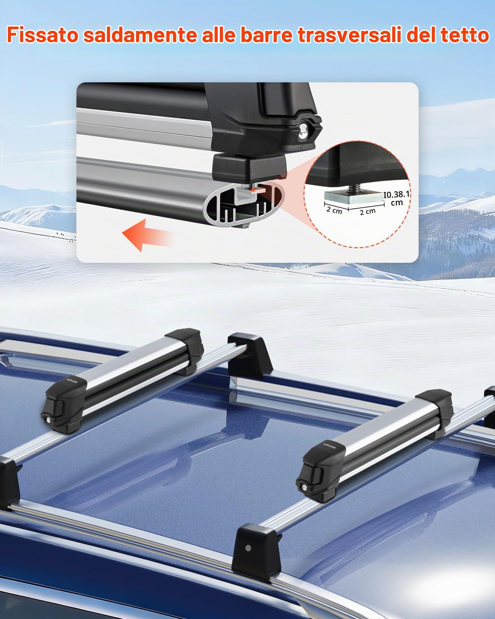 VEVOR Portasci e Snowboard, Portasci per Tetto Auto Scanalatura a T Porta 4 Paia di Sci o 2 Snowboard, 2 Supporti Universali in Alluminio per Portapacchi Auto con Serratura e Imbottitura in Gomma