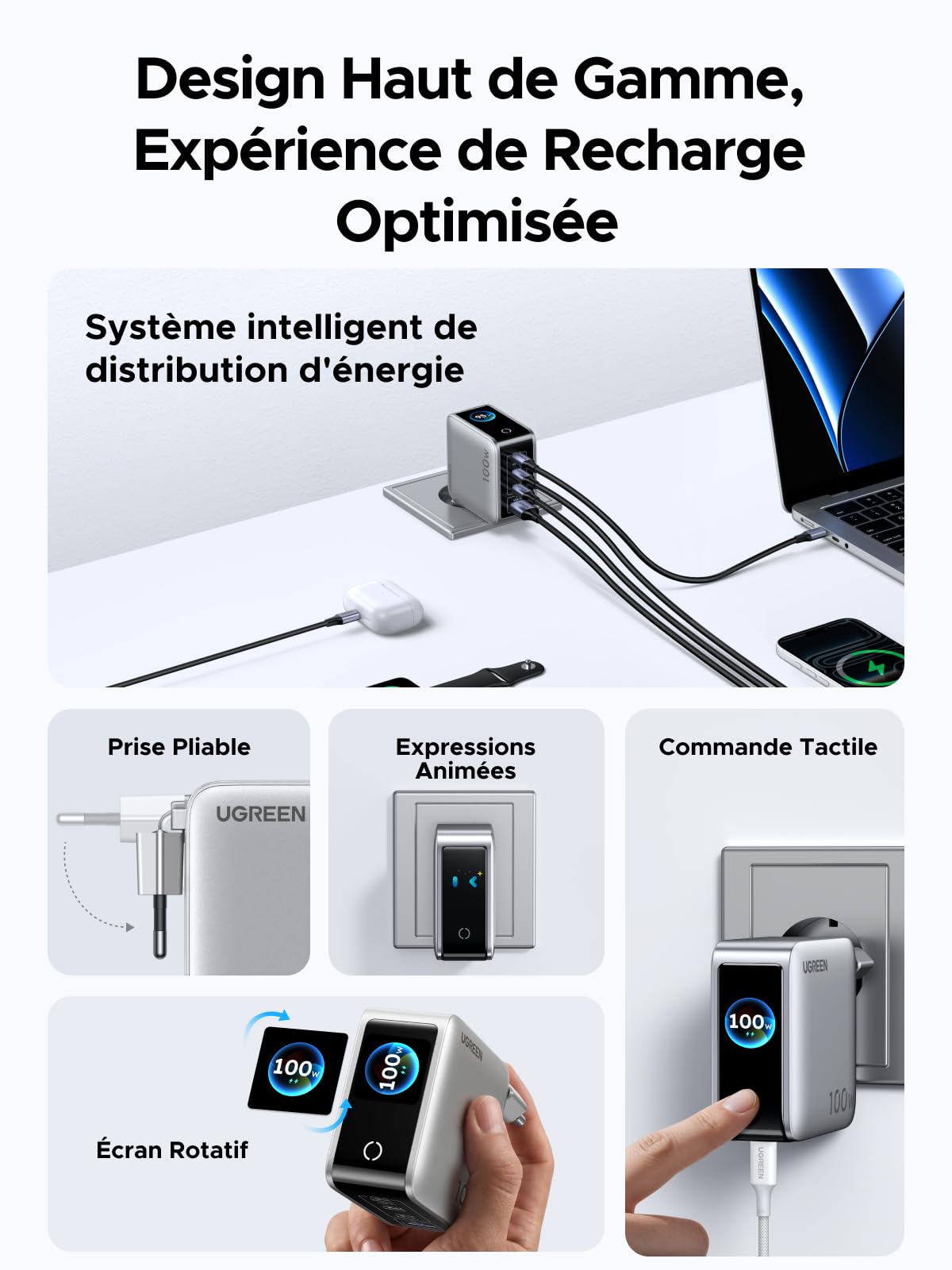UGREEN Nexode Pro 100W Chargeur Rapide USB C 4 Ports avec Écran Intelligent