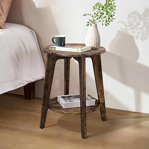 Miniatura 4 de Mesa auxiliar redonda pequeña de madera con estante inferior, mesita de noche moderna para espacios pequeños, sala de estar, dormitorio, marrón retro