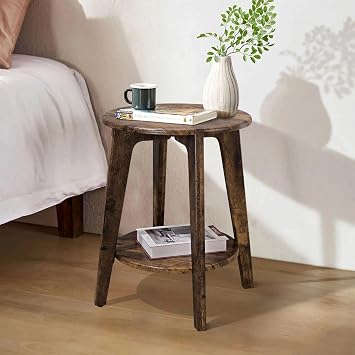 Small Round Side Table Wooden End Table with Lower Shelf Modern Nightstand Bedside Tables for Small Spaces, Living Room, Bedroom Retro Brown