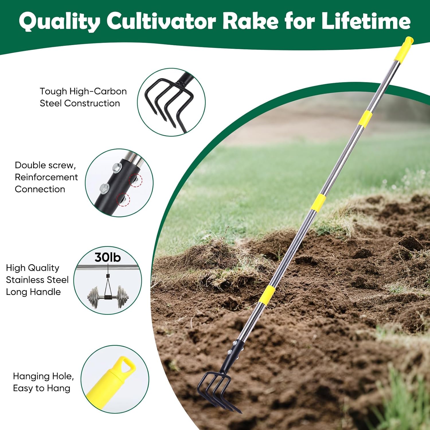 Garden Hand Tiller Cultivator, 4-Tine Adjustable Long Handle, Heavy Duty Weeding Tool for Raised Beds, Rust-Resistant Soil Loosener for Flower & Vegetable Gardens