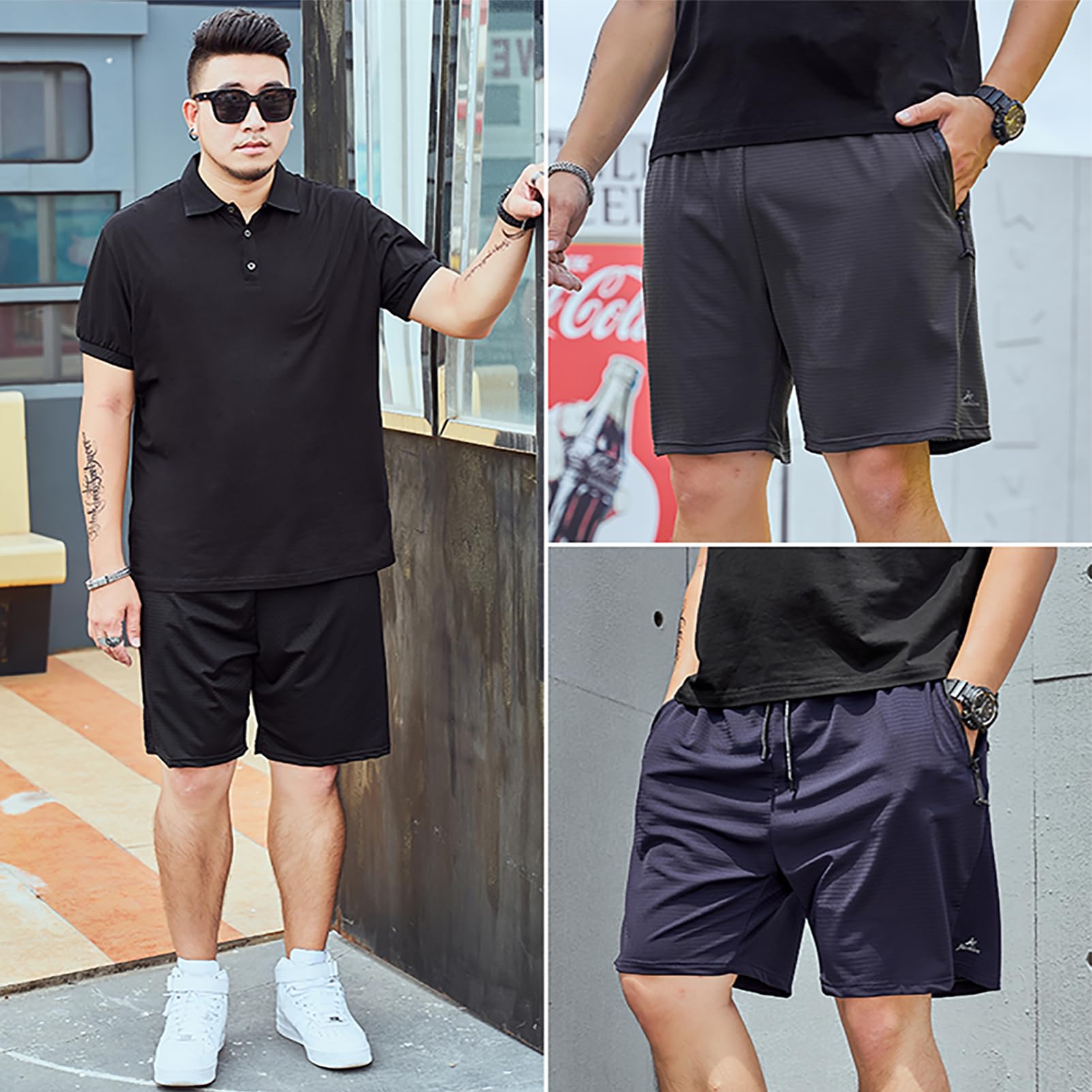 Pantalones Cortos Deportivos de Malla Transpirable Secado Rápido Hombre Tallas Grandes con Bolsillos Cremallera S-6XL