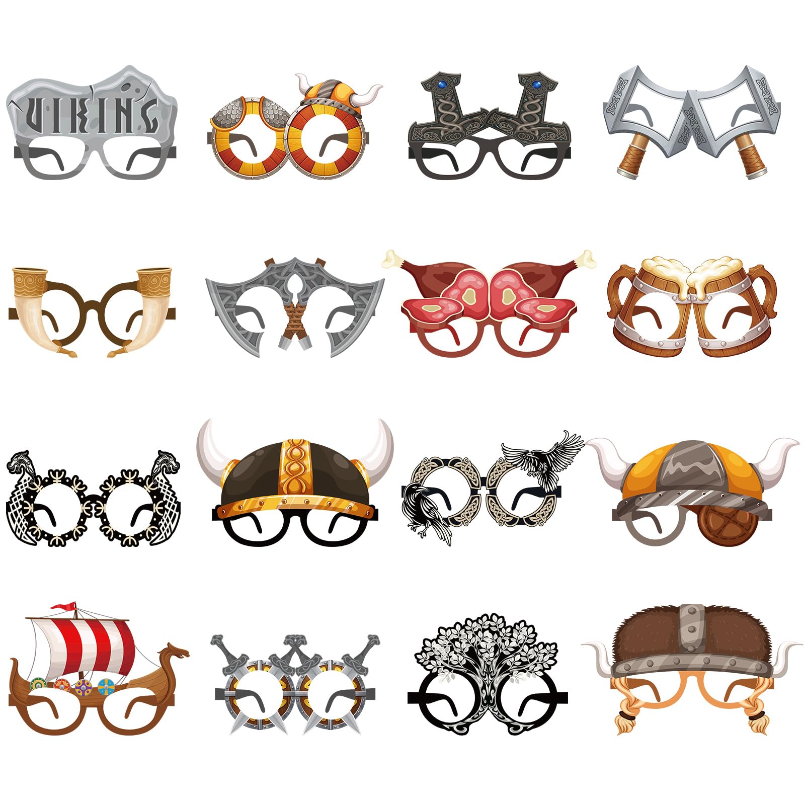 32 Pcs Viking Party Favor Paper Glasses, 16 Nordic Designs