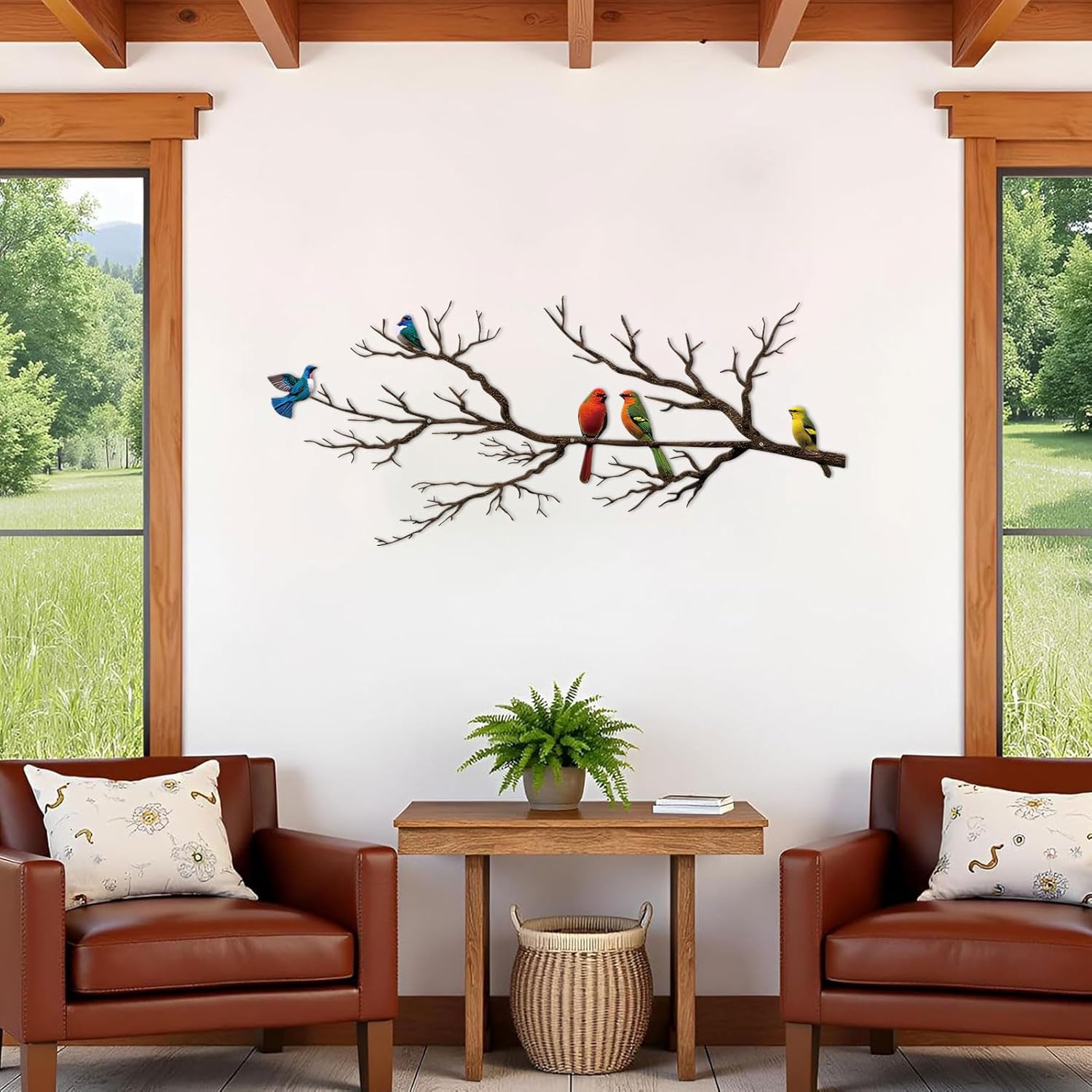 ESTART Metal Birds Wall Art, Metal Vivid Birds on Branch Silhouette Wall Decor Black Leaves with Bird Outdoor Hanging Wall Sculpture for Home Balcony Garden (Vintage Color, Large)