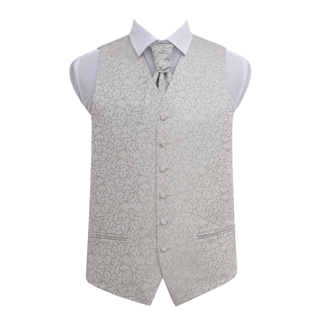 Dqt Men's Silver Swirl Floral Jacquard Waistcoat & Matching Cravat Set – Wedding Business & Formal Suit Vest - 50" (5Xl)