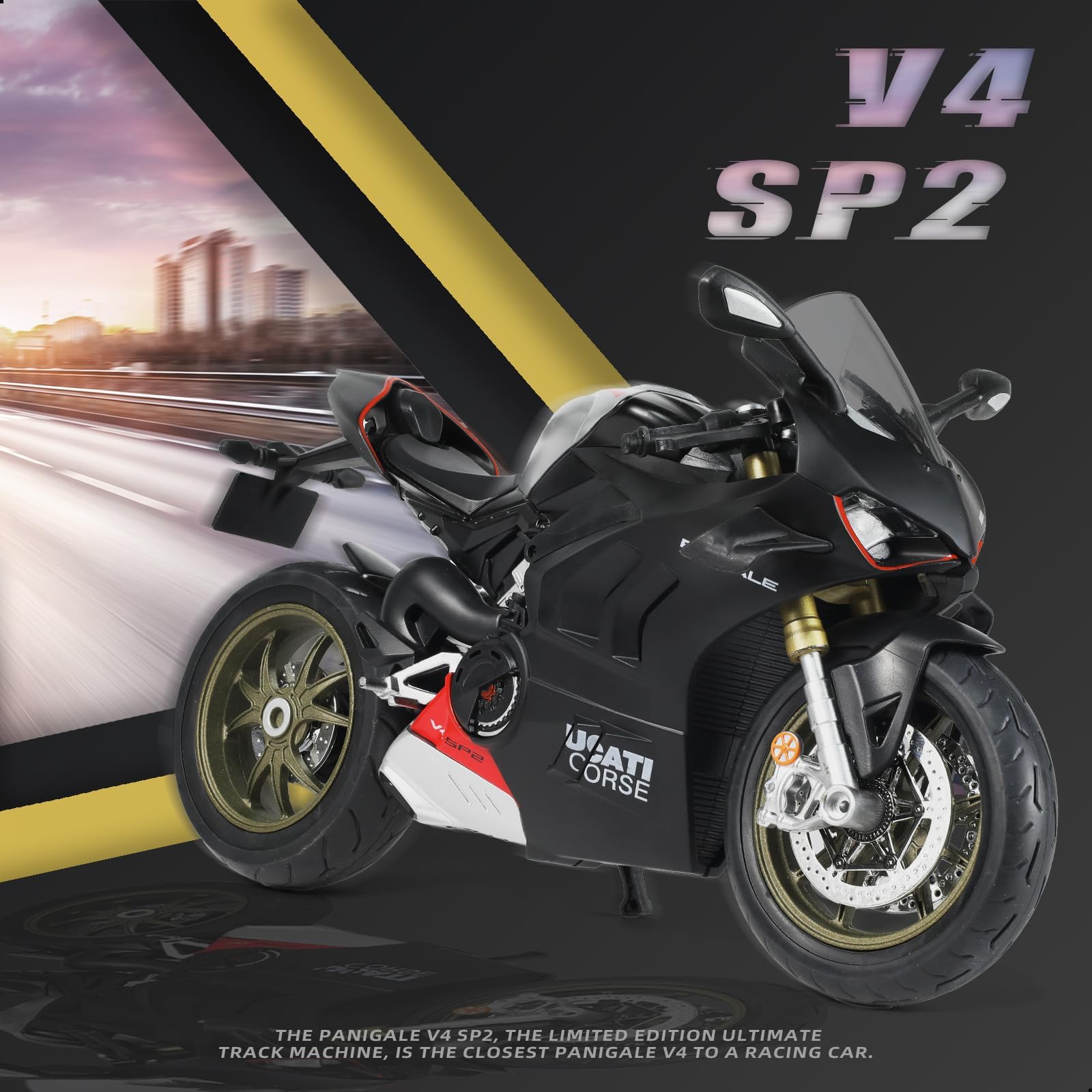 Risopen Odlew motocyklowy model 1:9, kompatybilny z Ducati Panigale V4 SP2, zabawka motocyklowa, zabawka motocyklowa 1:9, kolekcja prezentów dla dzieci i dorosłych (czarny)