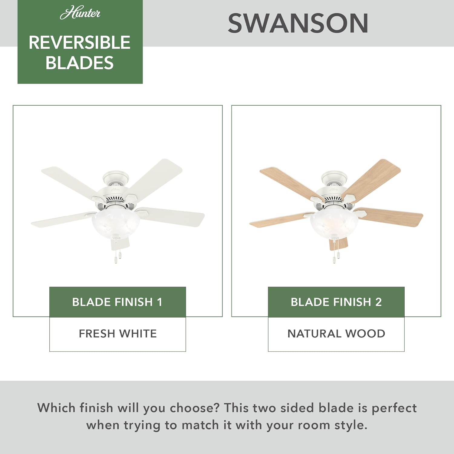 Hunter 44 inch Indoor Ceiling Fan with LED Light - White Ceiling Fan with Pull Chain, For Bedroom, Living Room, or Kitchen, Standard Mount, No Remote, 5 Blades - Swanson 50905, Fresh White