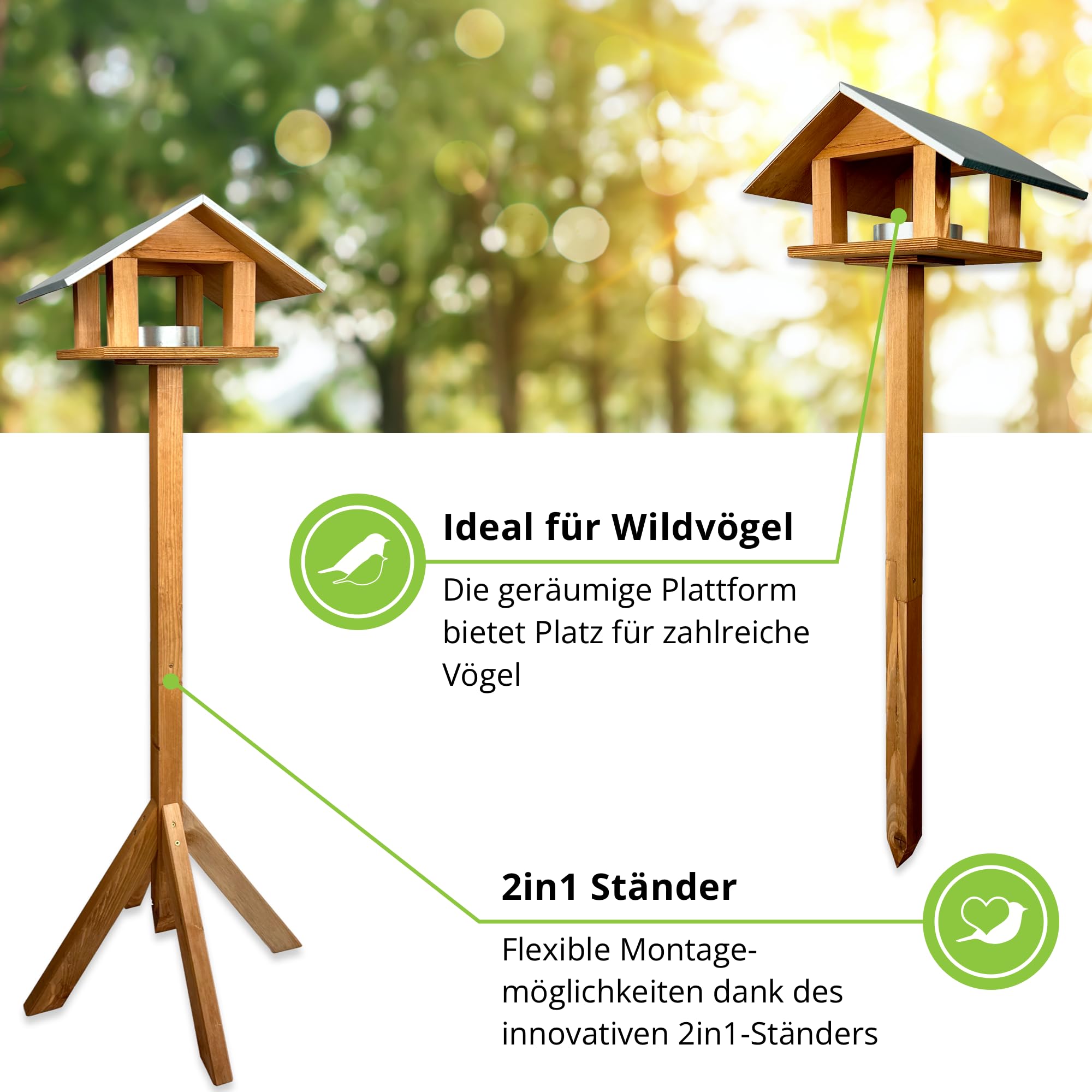 GARTENETAGE Vogelwunder mit Metalldach – Premium Vogelhaus aus Kiefernholz, wetterfest & hygienisch, mit herausnehmbarer Futterstelle, 2-in-1 Ständer, ideal für Wildvögel im Garten