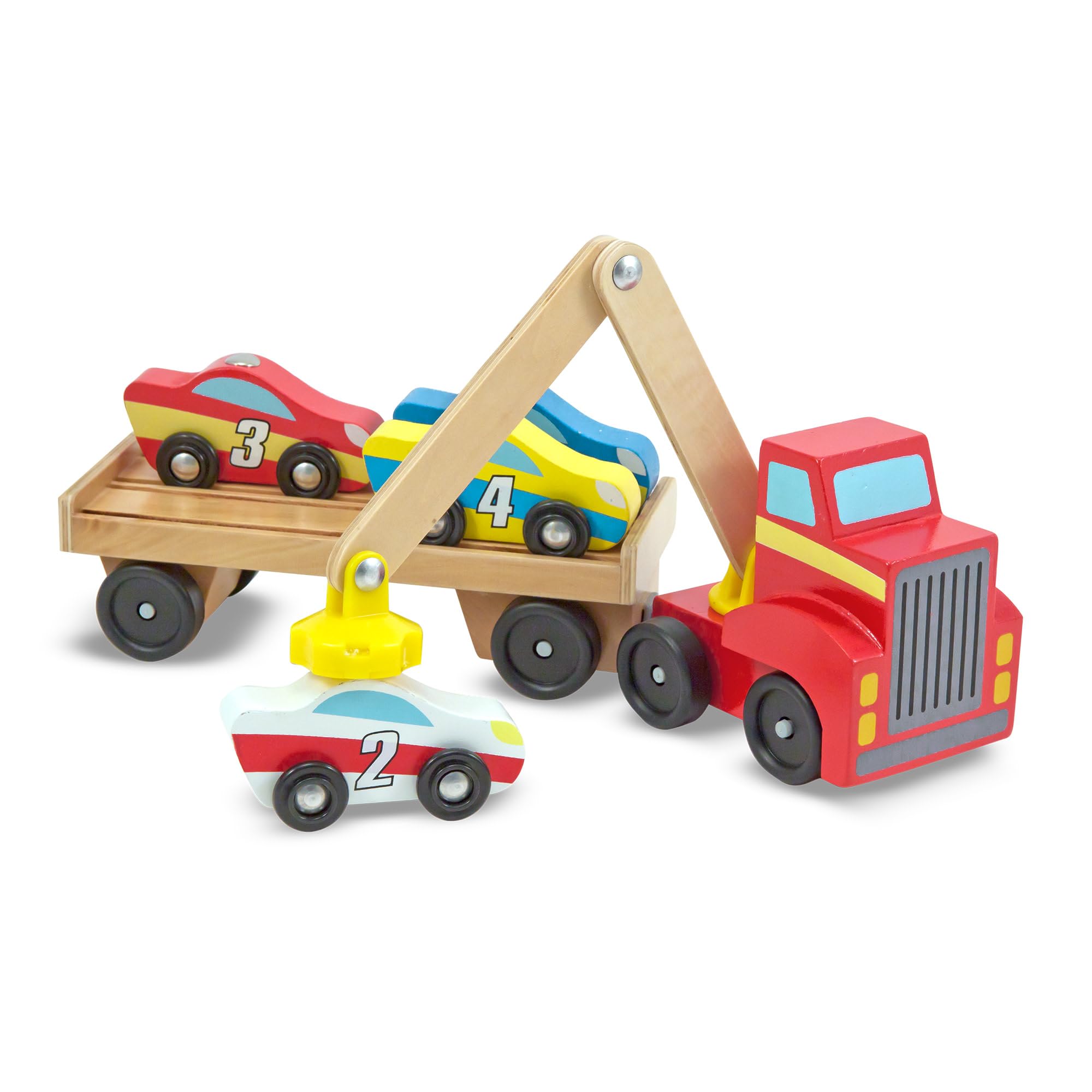 MELISSA & DOUG - Set Camión Grúa Magnético de Madera y 4 Coches de Juguete - Juguetes Educativos - Juguetes Niños 3 años + - Regalo Niño 3 años + - Montessori