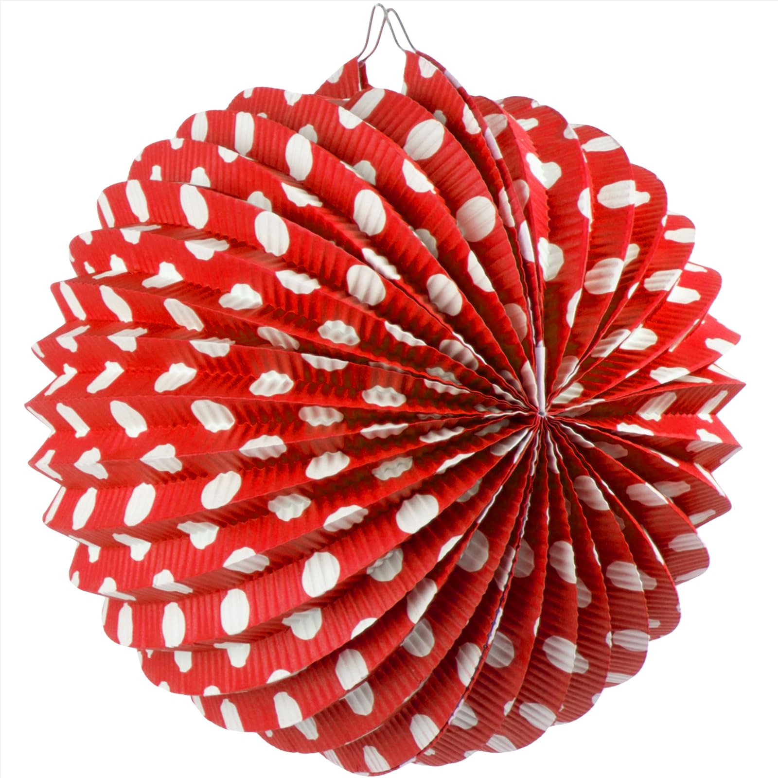 Lot de 24 lampions en papier rond de couleur rouge à pois blancs de Ø 21,5 cm - Lanternes suspendues en papier, décoration fête, mariage, anniversaire, printemps, foire, communion.