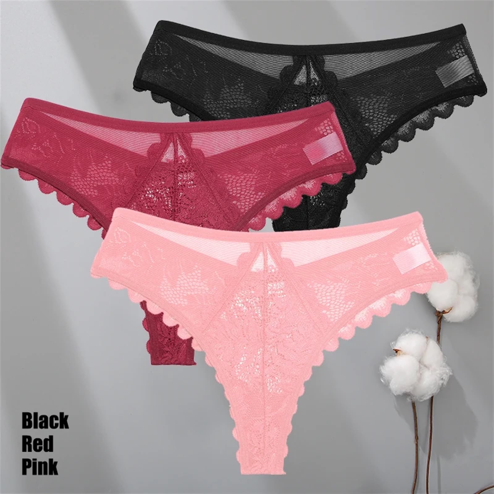 Mutande Bikini Slip 3 pezzi/set sexy perizoma in pizzo da donna mutandine perizoma tinta unita con prospettiva floreale biancheria intima femminile morbida e traspirante lingerie(SET 16 3pcs,S)