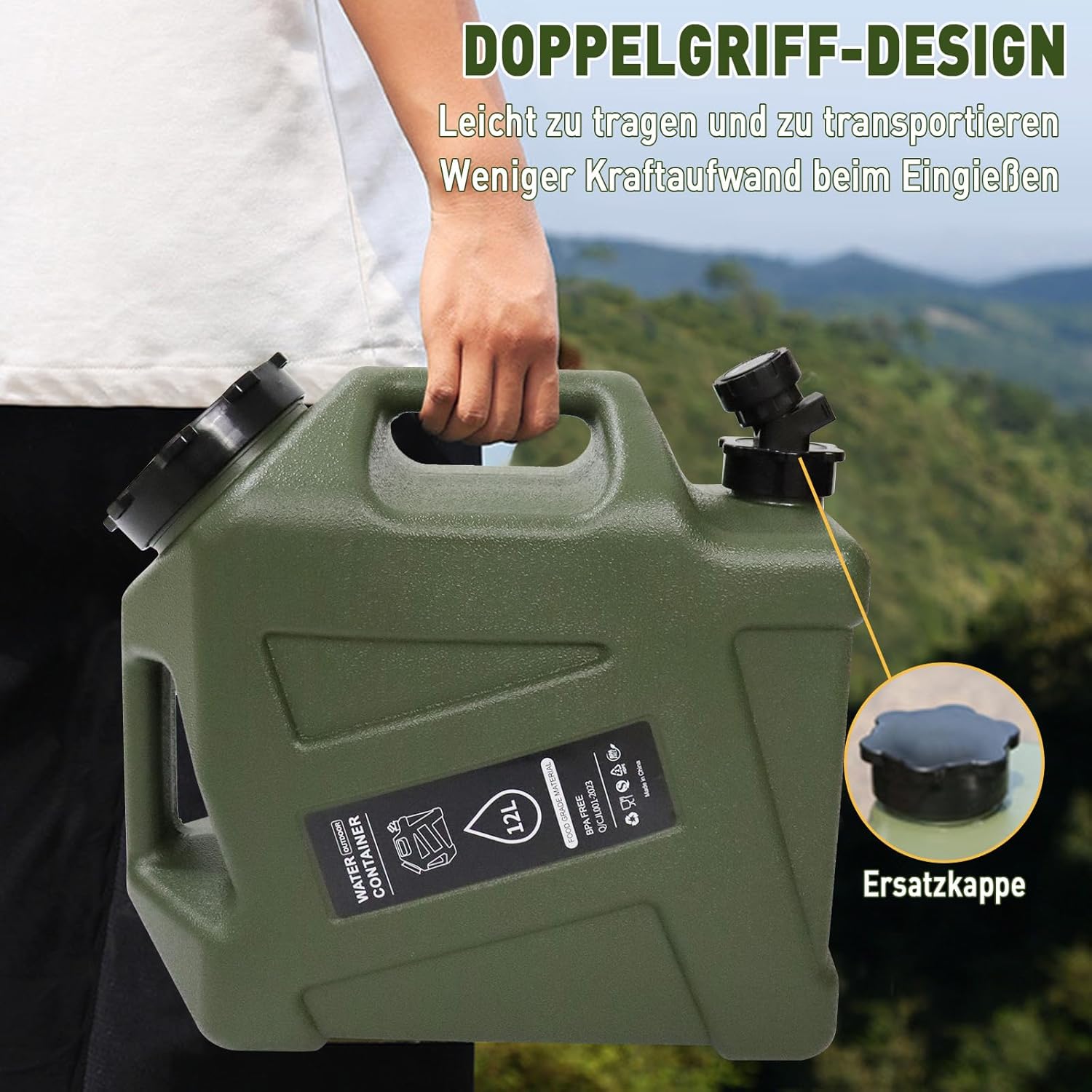 3.2 Gallon Water Jug,12L Portable Water Container with Spigot, Cleaning Brush, Detachable Hose & Extra Lid, Dual Handles Design, BPA-Free Camping Hydration Canteen, Outdoor Tank Storage PE - Green
