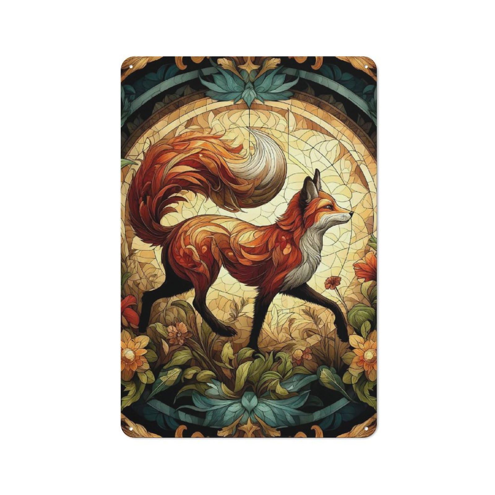 Junmoney Red Fox Majesty Metal Plaque 30X20cm With For Garage Wall, Retro Decor, For Garage Decor Collectors Refreshing A Room In Autumn