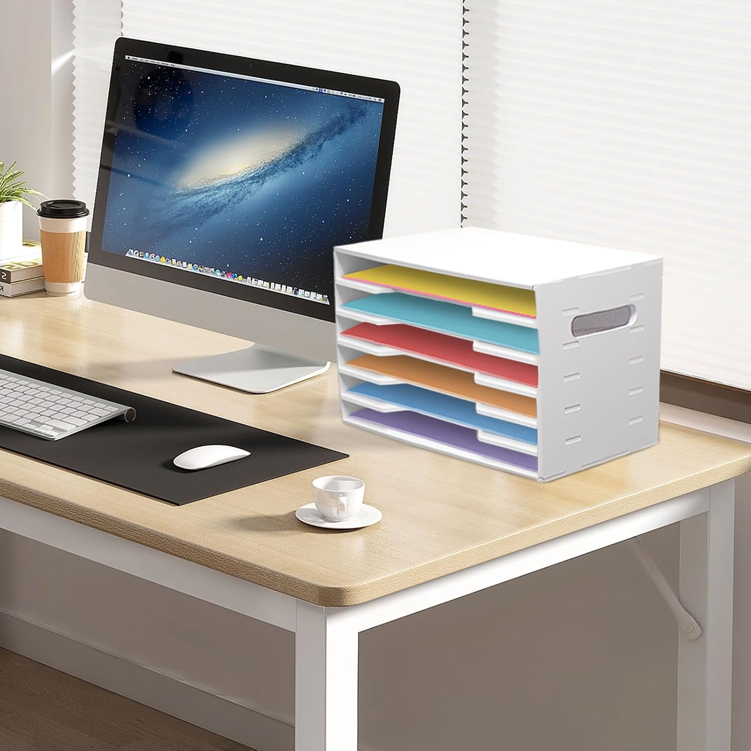 Construction Paper Organizer 12x18 ,6 Tier Desk File with Adjustable Shelves,White Scrapbook Storage Shelf for Sizes 20.3" X 13.4" X 12.6",Desktop File Organizer for Home Office School
