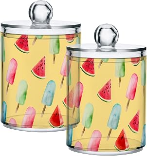 Bathroom Canister Set of 2 Summer Popsicle Watermelon Qtip Holder Dispenser Clear Plastic Apothecary Jars with Lids Bathroom Organizer Storage Containers for Cotton Swab, Ball, Pads, Floss