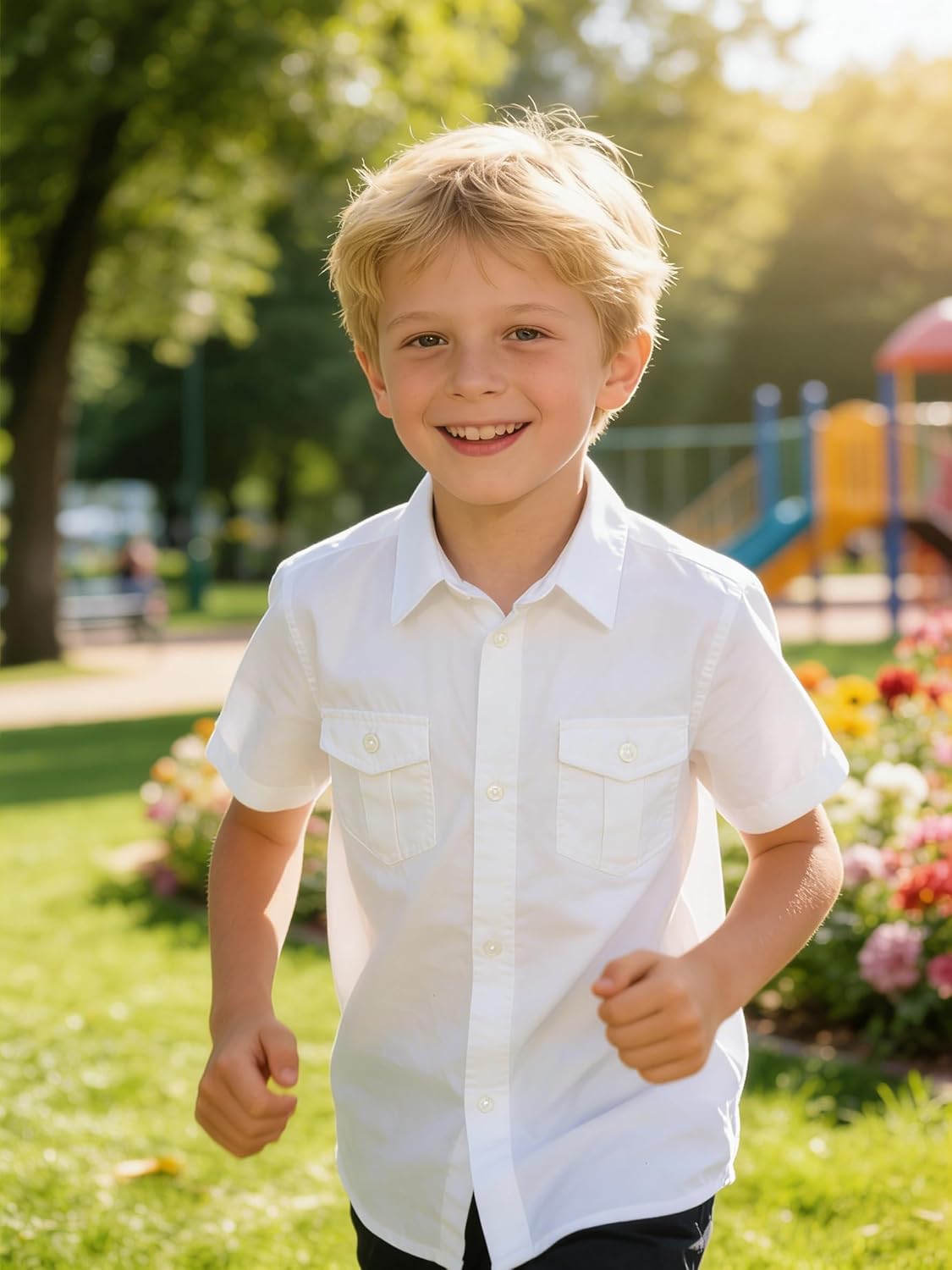 Bienzoe Boys Short Sleeve Shirt for School: Kids Button Up Collared Dress Fashion Shirts - Image 3