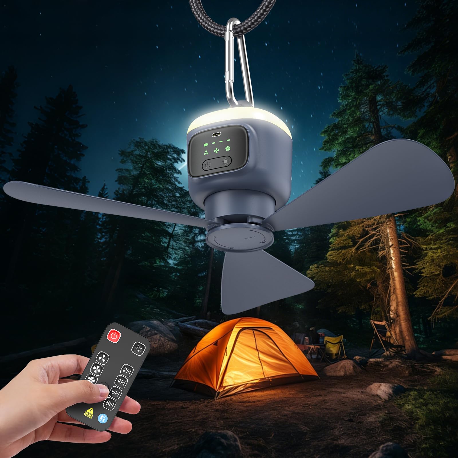 Kouamor Campingventilator, 8000 mAh, wiederaufladbarer USB-Ventilator, 4 W, tragbar, mit Licht und Fernbedienung, 3 Geschwindigkeiten, 5-10 Stunden Laufzeit (B)