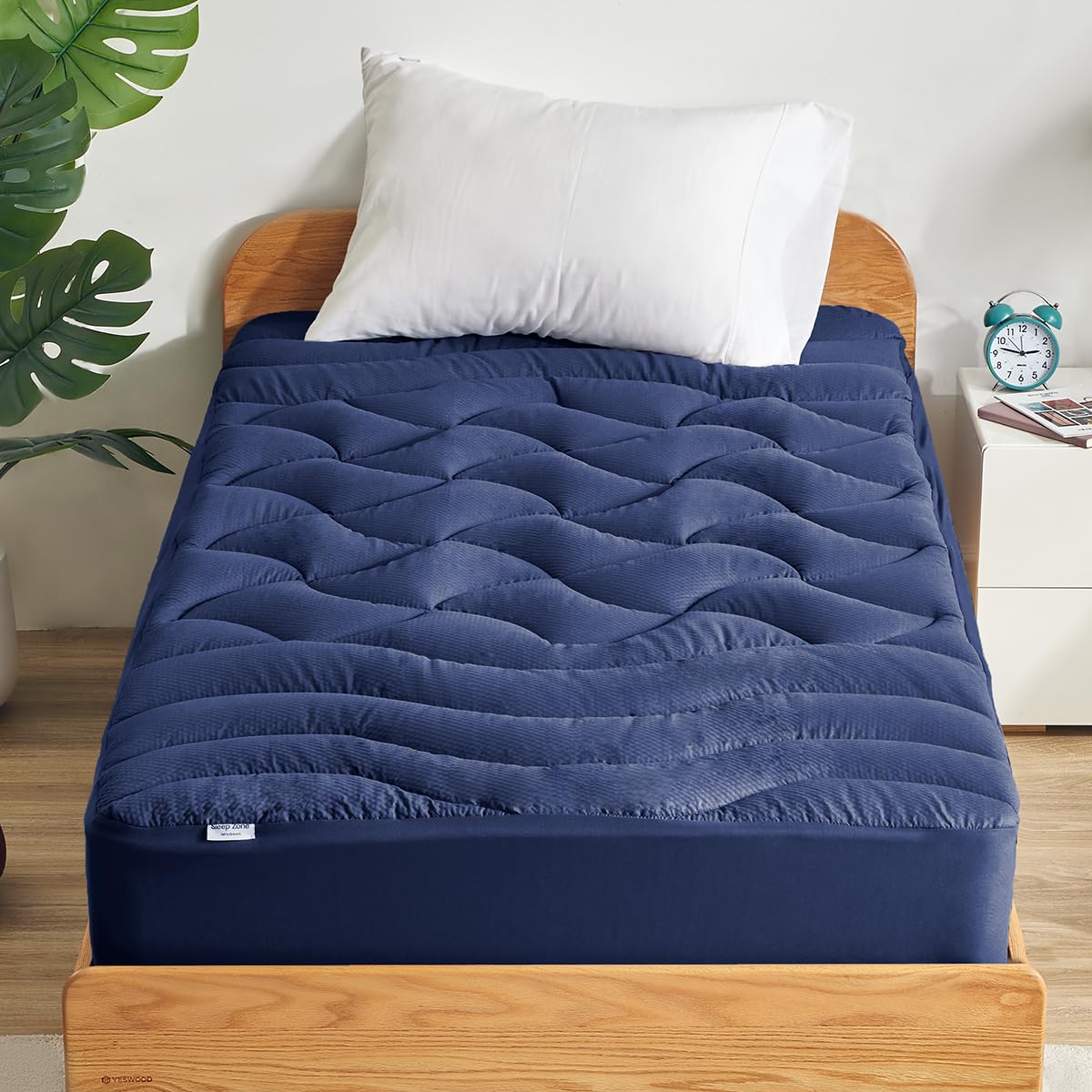 SLEEP ZONE Cooling Twin Mattress Topper, Premium Zoned Cool Mattress Pad Cover, Padded Mattress Protector Breathable Washable, Deep Pocket 8-21" (Navy