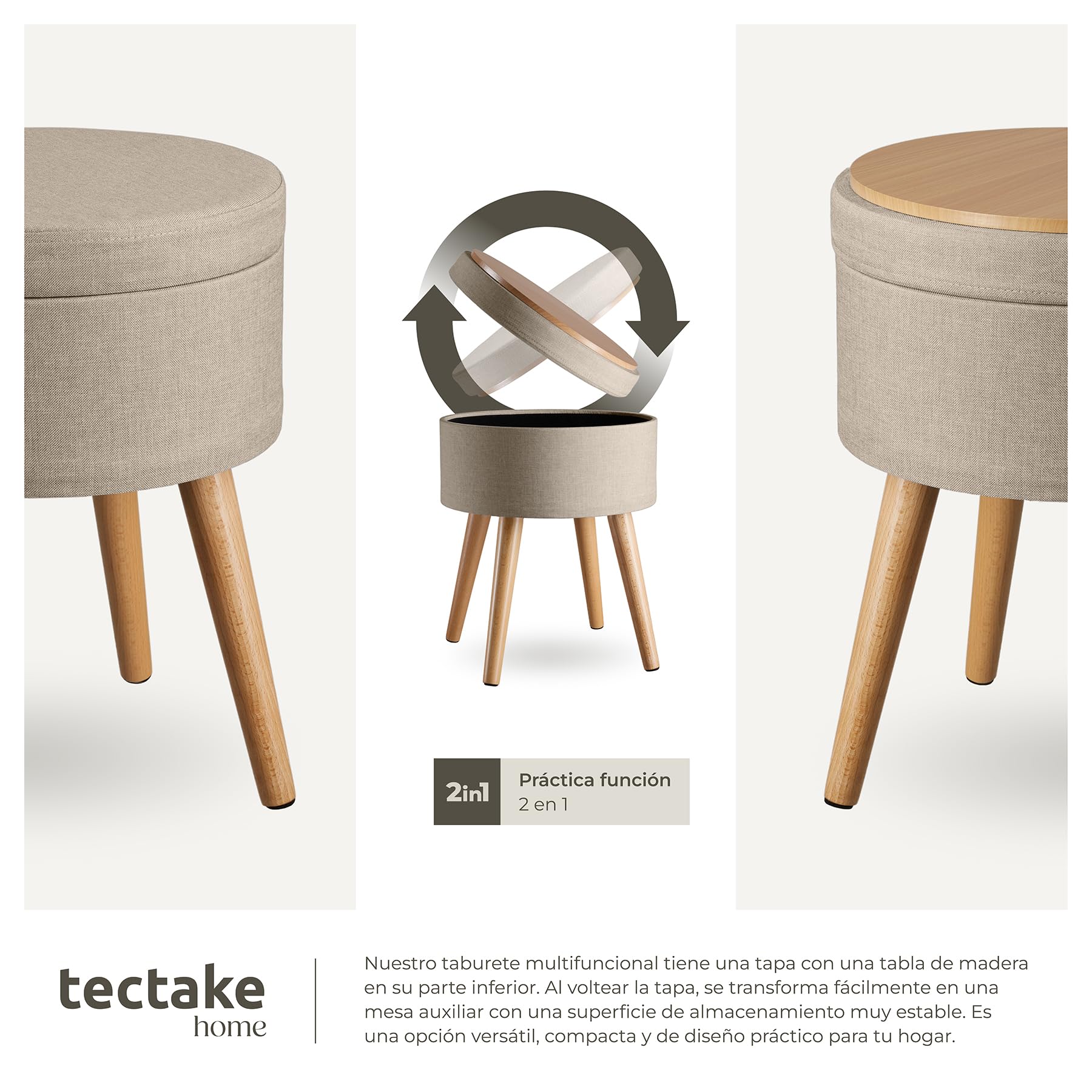 Tectake Puff Almacenaje Dormitorio con Asiento Acolchado Estructura Plegable Banco Taburete 42,5x42,5x45,5 cm Arena