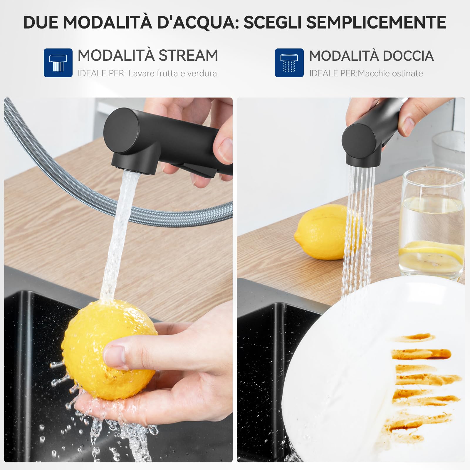 CECIPA Rubinetto Lavello Cucina Nero con 2 Modalità, Miscelatore Cucina con Doccetta Estraibile, Rubinetto con Beccuccio Girevole a 360°, Acqua Calda e Fredda, Acciaio Inox 304 (Nero)