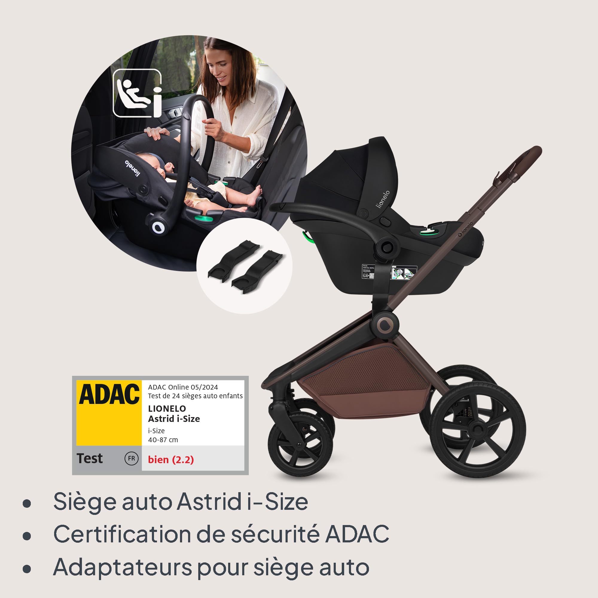 Lionelo Freya Poussette Trio 3 en 1 (0-4 Ans, Jusqu’à 22 Kg), Nacelle Pliable, Poussette et Siège Auto I-Size 40-87 Cm, Suspension, Roues PU, Capote UPF50+, Accessoires, Système de Voyage (Brown)