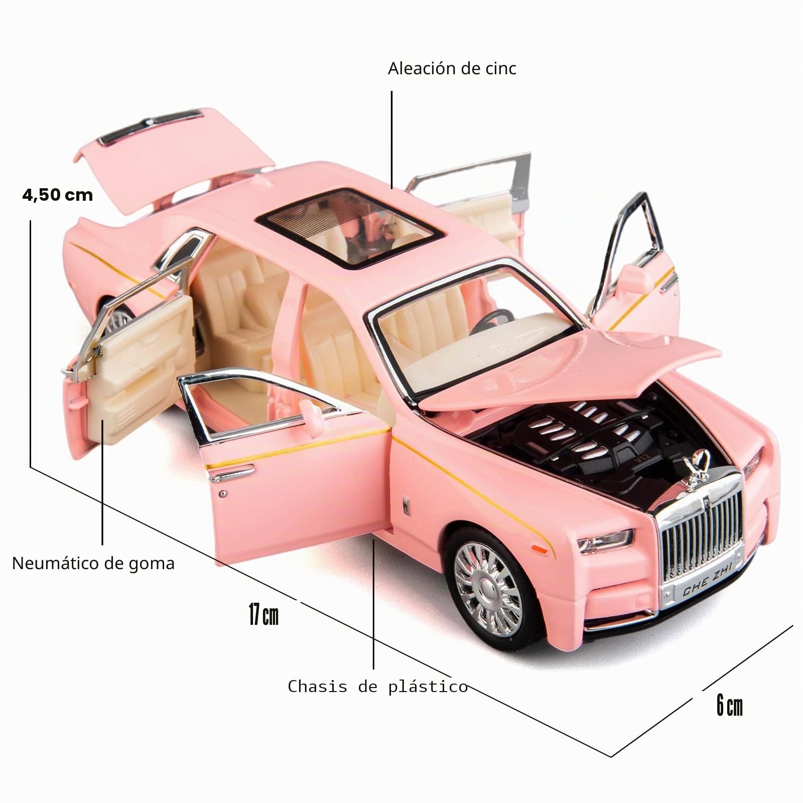 TGRCM-CZ Compatible con 1/32 Rolls-Royce Phantom Model Car Toy Car con sonido y luz para niños y niñas, puerta de cuerpo de metal abierta rosa