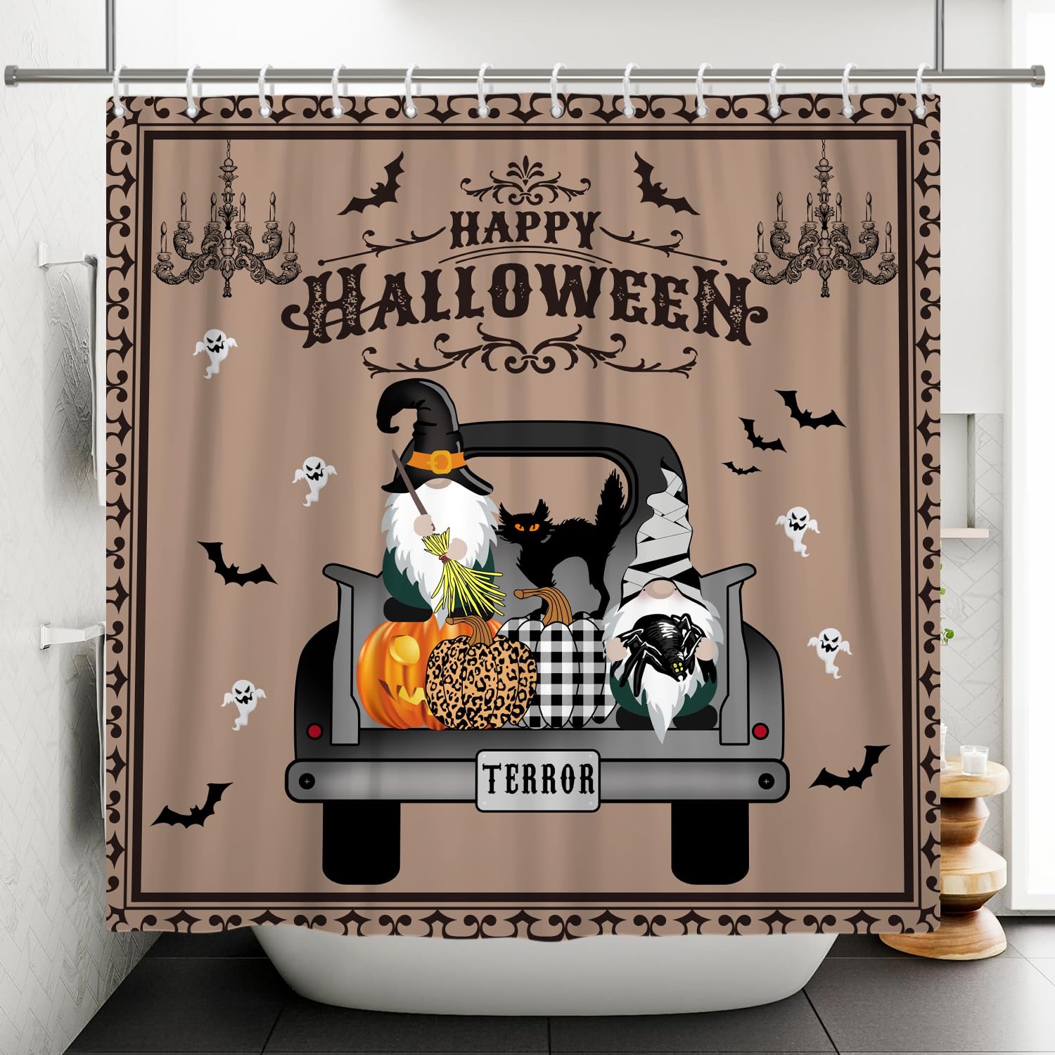 ASDCXZ Halloween Shower Curtain 90x180 cm, Cute Gnome Pumpkins Ghost Bat Brown Festival Shower Curtains Washable Bathroom Decor Waterproof Polyester Textile Bathtub Curtain with 6 Hook