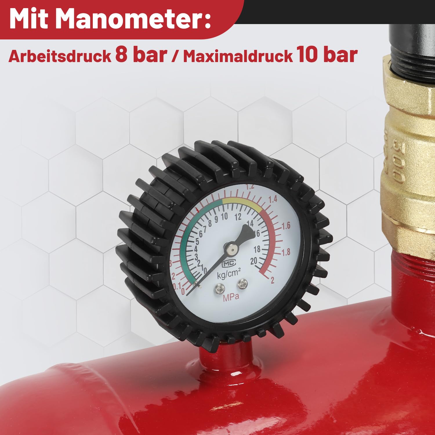 Reifen Booster 20L, Auto-Luftkompressor, Druckluftgerät mit Sicherheitsventil, max. 10 bar, für PKW, LKW, Traktoren und mehr, in Rot, inkl. Zubehör