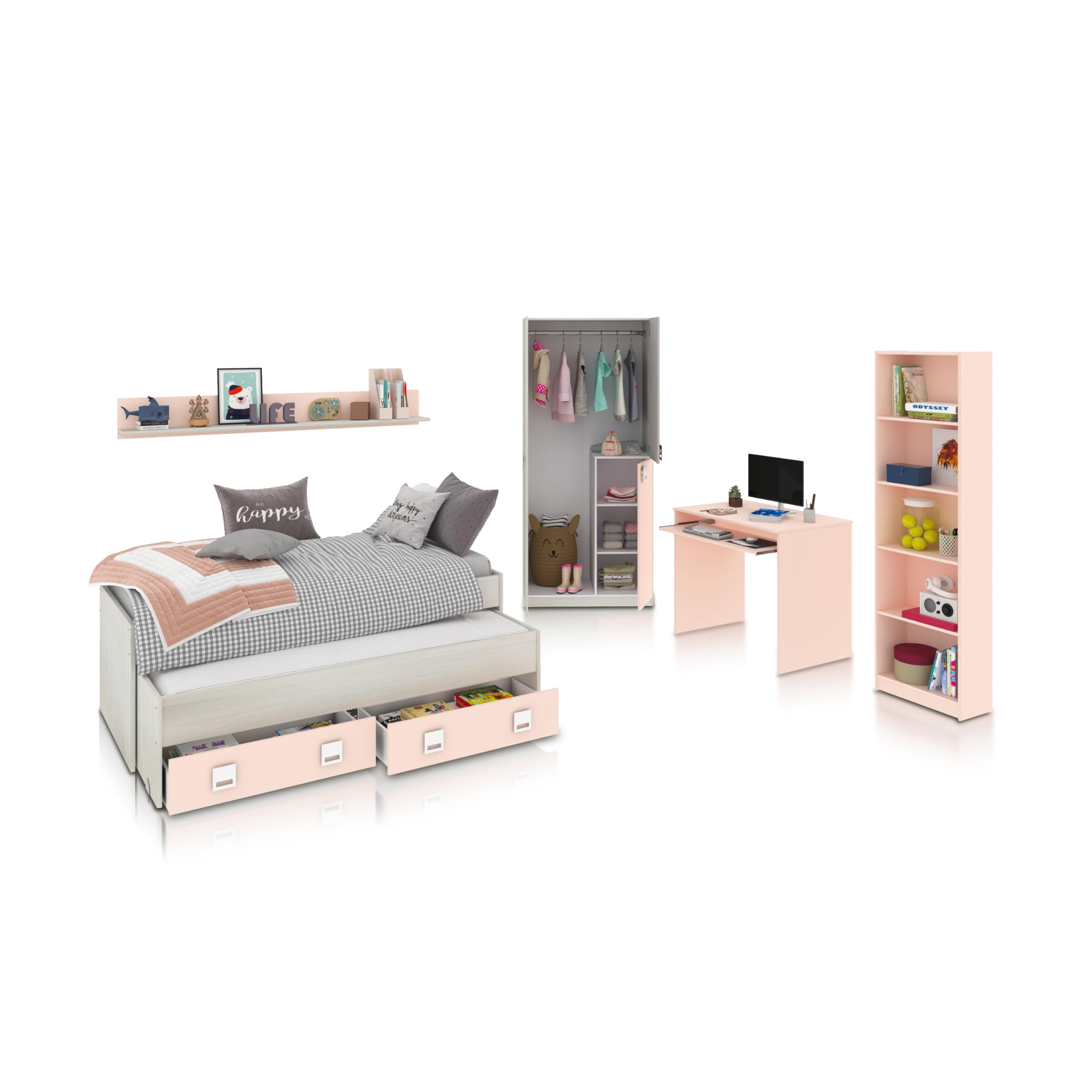 duehome | Pack de Dormitorio Juvenial con Cama Nido Juvenil, Armario, Escritorio y Estantería, Conjunto de Dormitorio Infantil, Modelo Kenia MAX, Acabado en Blanco Alpes, Rosa Pastel y Gris